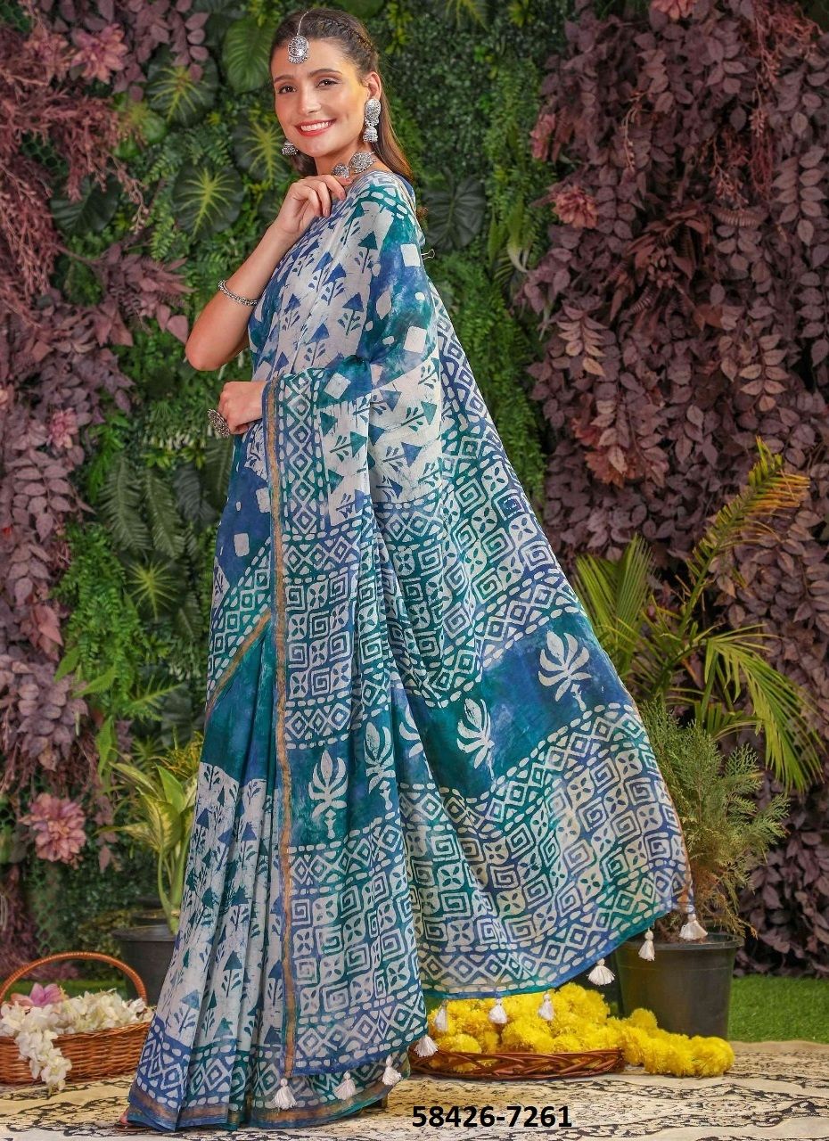 VISCOSE MUL-MUL BATIK PRINT - Catalog # 58426 (Set of 9 Sarees) by Brand MONO POLEY VISCOSE MUL-MUL BATIK PRINT - Catalog # 58426 (Set of 9 Sarees) by Brand MONO POLEY