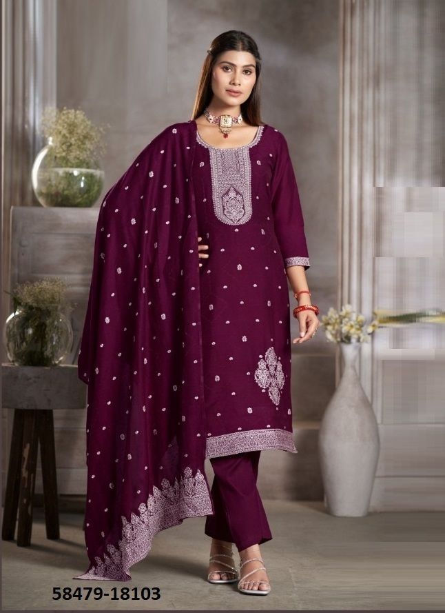 KIA DARK - Catalog # 58479 (Set of 6 Semi-Stitched / Un-Stitched Suits) by Brand FOUR DOTS