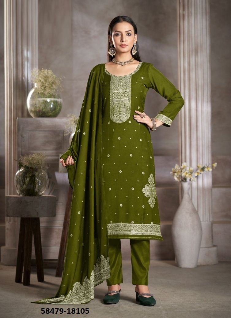 KIA DARK - Catalog # 58479 (Set of 6 Semi-Stitched / Un-Stitched Suits) by Brand FOUR DOTS