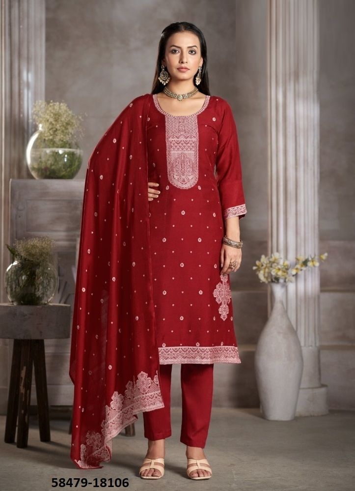 KIA DARK - Catalog # 58479 (Set of 6 Semi-Stitched / Un-Stitched Suits) by Brand FOUR DOTS