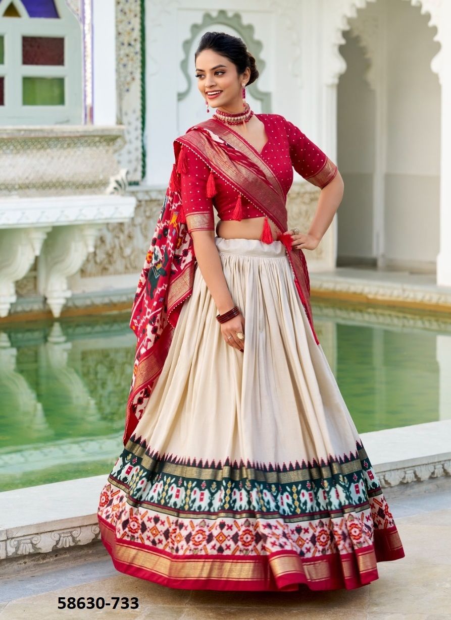 TUSSER SILK SERIES 731-736 - Catalog # 58630 (Set of 6 Semi-Stitched Lehengas) by Brand DESI MUSE