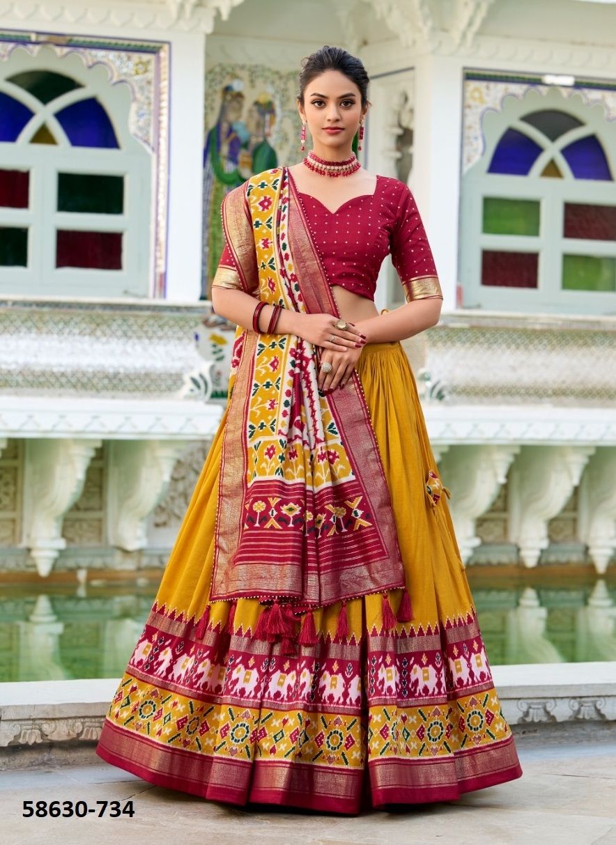 TUSSER SILK SERIES 731-736 - Catalog # 58630 (Set of 6 Semi-Stitched Lehengas) by Brand DESI MUSE