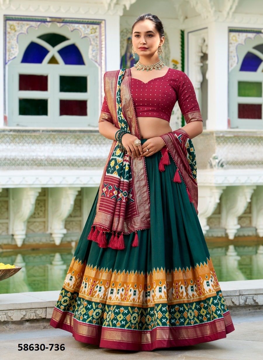 TUSSER SILK SERIES 731-736 - Catalog # 58630 (Set of 6 Semi-Stitched Lehengas) by Brand DESI MUSE