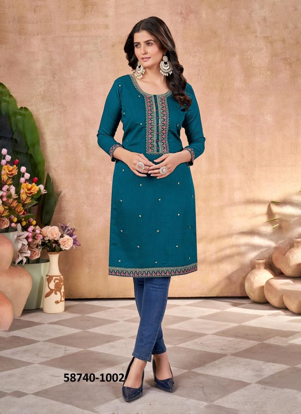 VICHITRA BLOOMING - Catalog # 58740 (Set of 5 Readymade Women's Kurtis / Tops) by Brand DESI MUSE