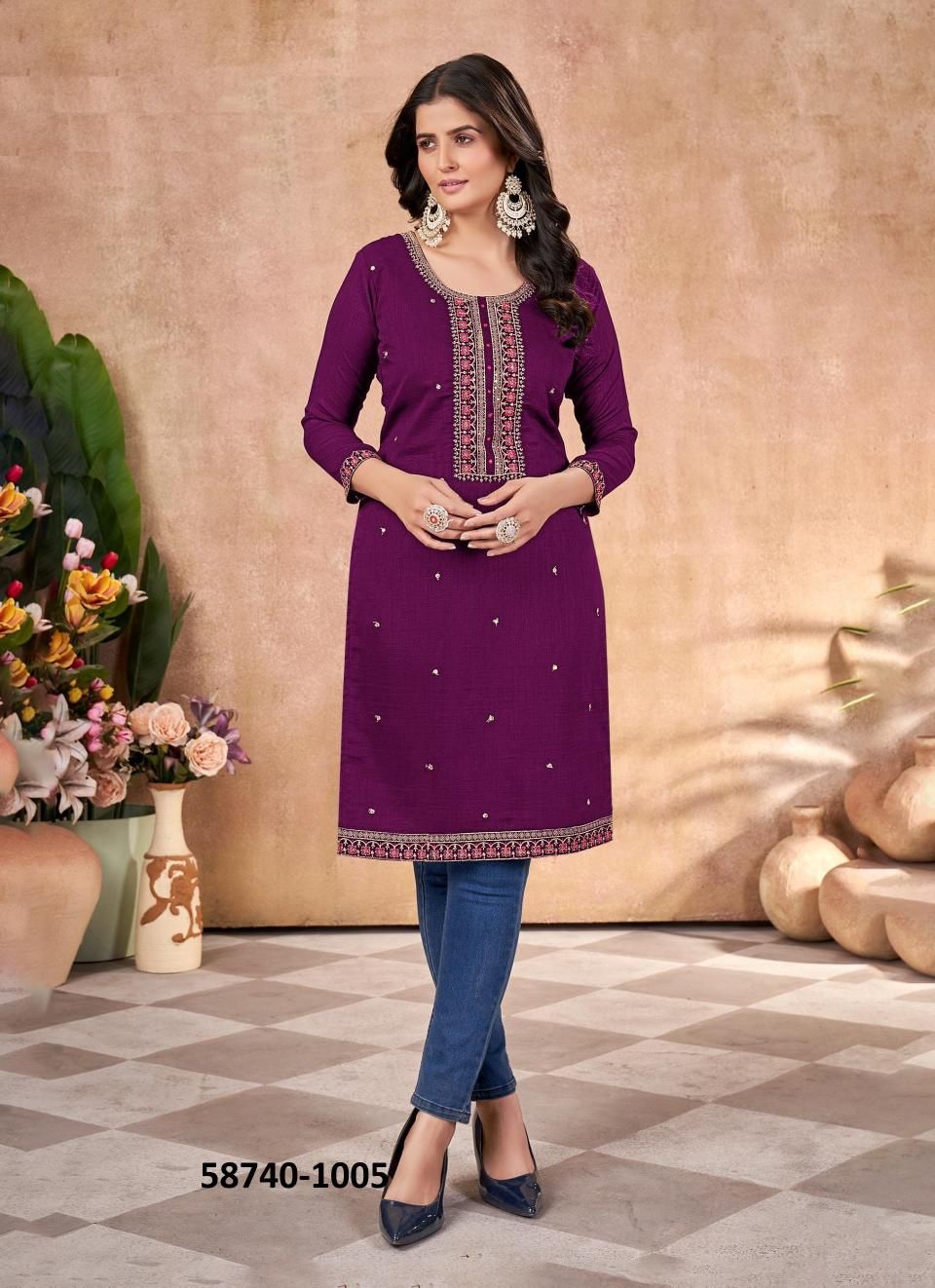 VICHITRA BLOOMING - Catalog # 58740 (Set of 5 Readymade Women's Kurtis / Tops) by Brand DESI MUSE