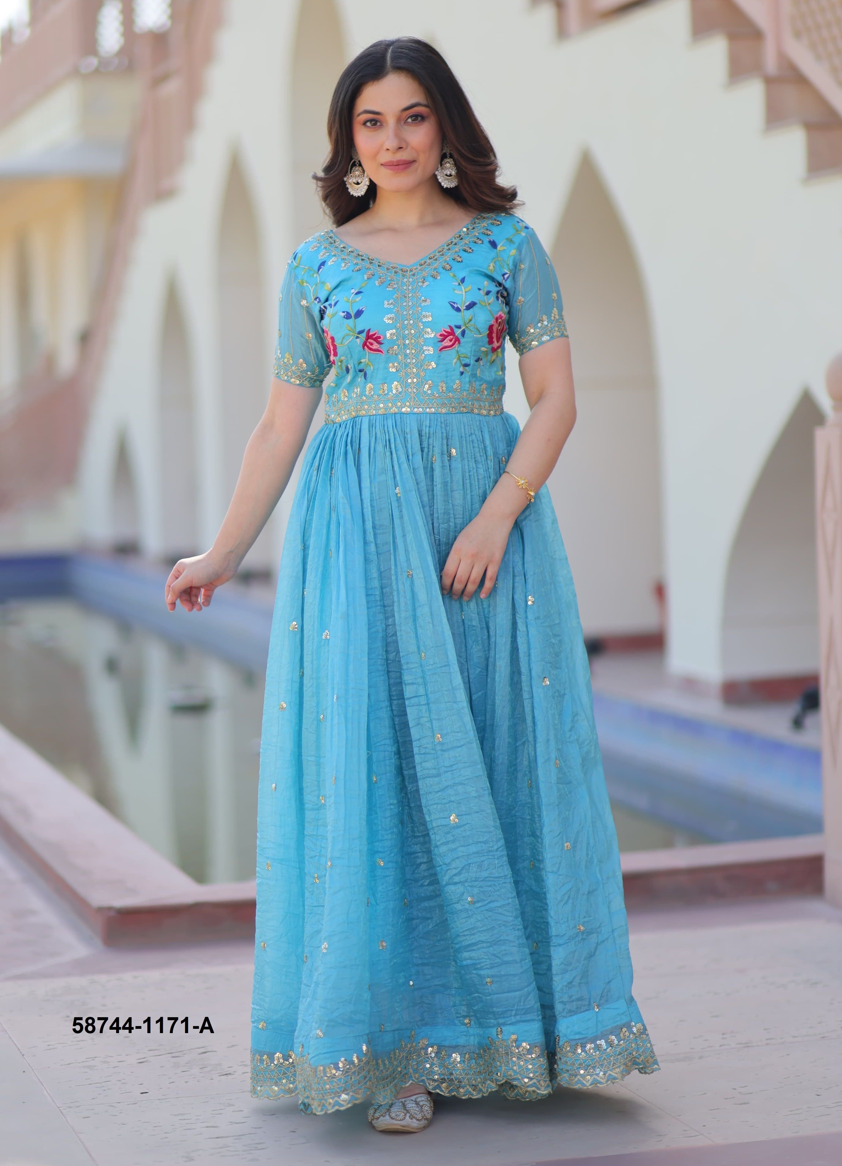 SKY & MUSTARD - Catalog # 58744 (Set of 2 Readymade Gowns) by Brand DESI MUSE SKY & MUSTARD - Catalog # 58744 (Set of 2 Readymade Gowns) by Brand DESI MUSE