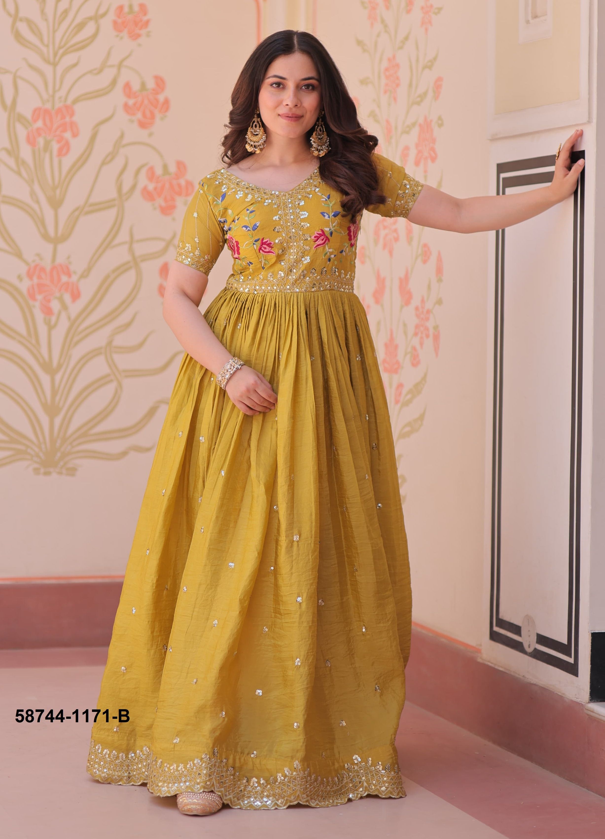 SKY & MUSTARD - Catalog # 58744 (Set of 2 Readymade Gowns) by Brand DESI MUSE SKY & MUSTARD - Catalog # 58744 (Set of 2 Readymade Gowns) by Brand DESI MUSE