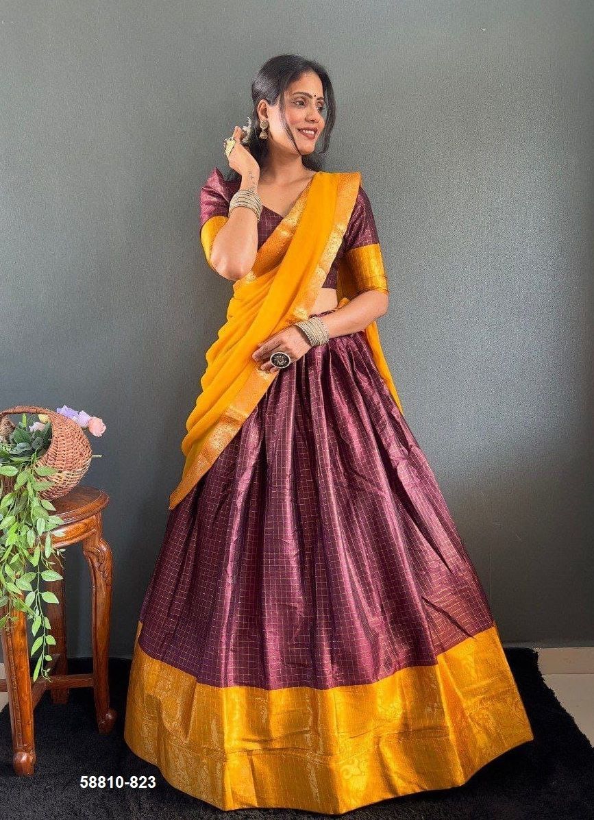 COTTON SILK CHECKS - Catalog # 58810 (Set of 8 Semi-Stitched Lehengas) by Brand DESI MUSE