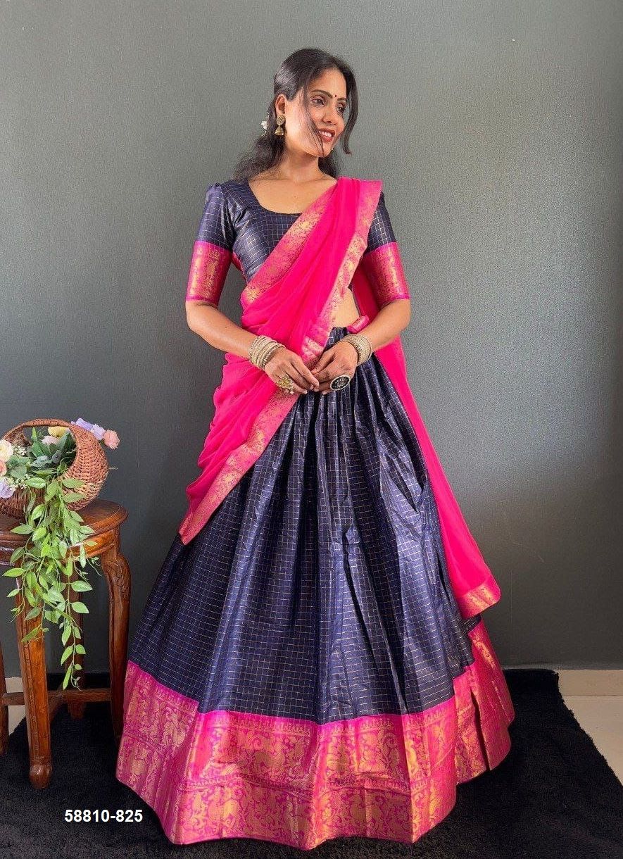 COTTON SILK CHECKS - Catalog # 58810 (Set of 8 Semi-Stitched Lehengas) by Brand DESI MUSE