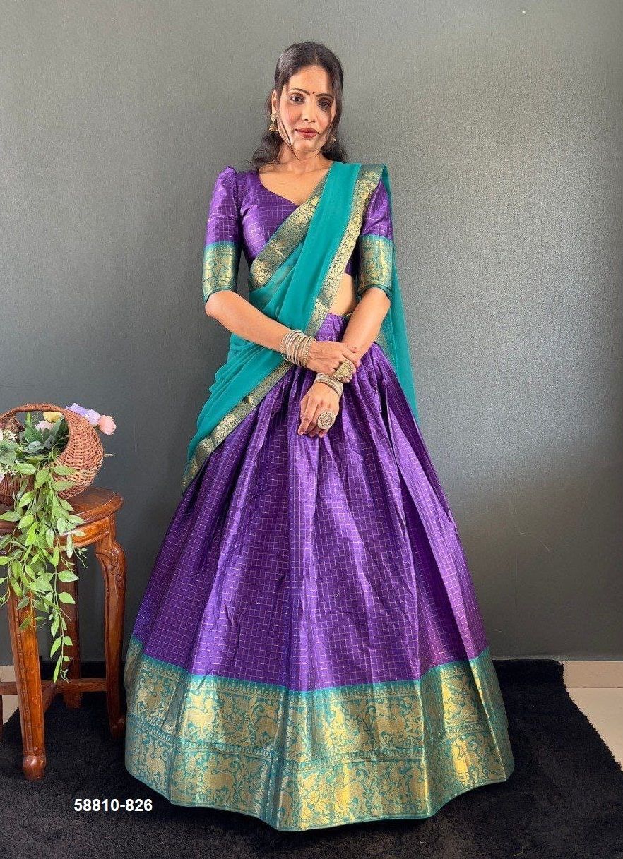 COTTON SILK CHECKS - Catalog # 58810 (Set of 8 Semi-Stitched Lehengas) by Brand DESI MUSE