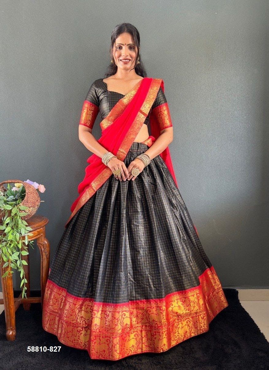 COTTON SILK CHECKS - Catalog # 58810 (Set of 8 Semi-Stitched Lehengas) by Brand DESI MUSE
