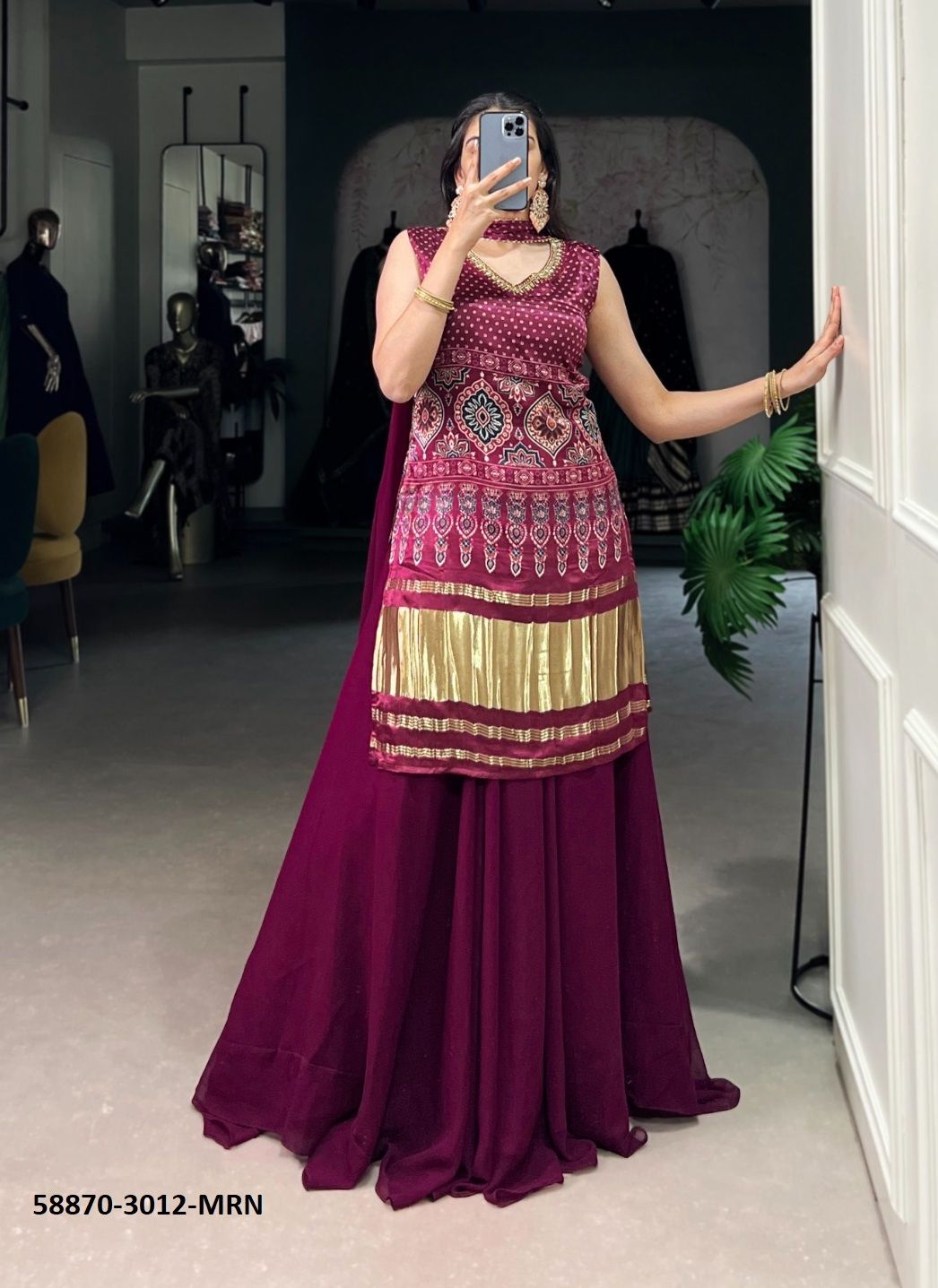 GAJJI SILK WITH BANDHANI PRINTS - Catalog # 58870 (Set of 4 Readymade Salwar Suits) by Brand DESI MUSE