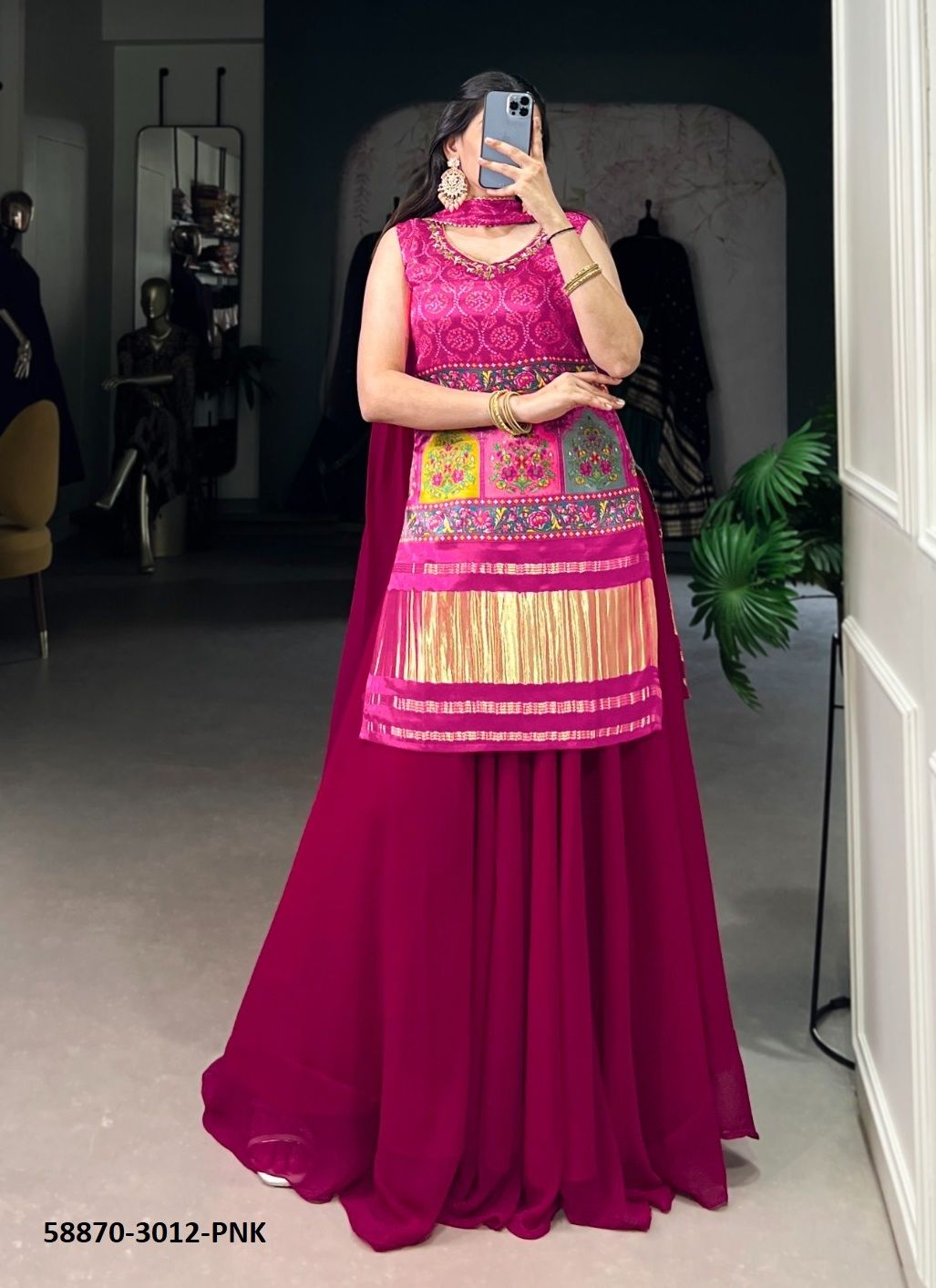 GAJJI SILK WITH BANDHANI PRINTS - Catalog # 58870 (Set of 4 Readymade Salwar Suits) by Brand DESI MUSE
