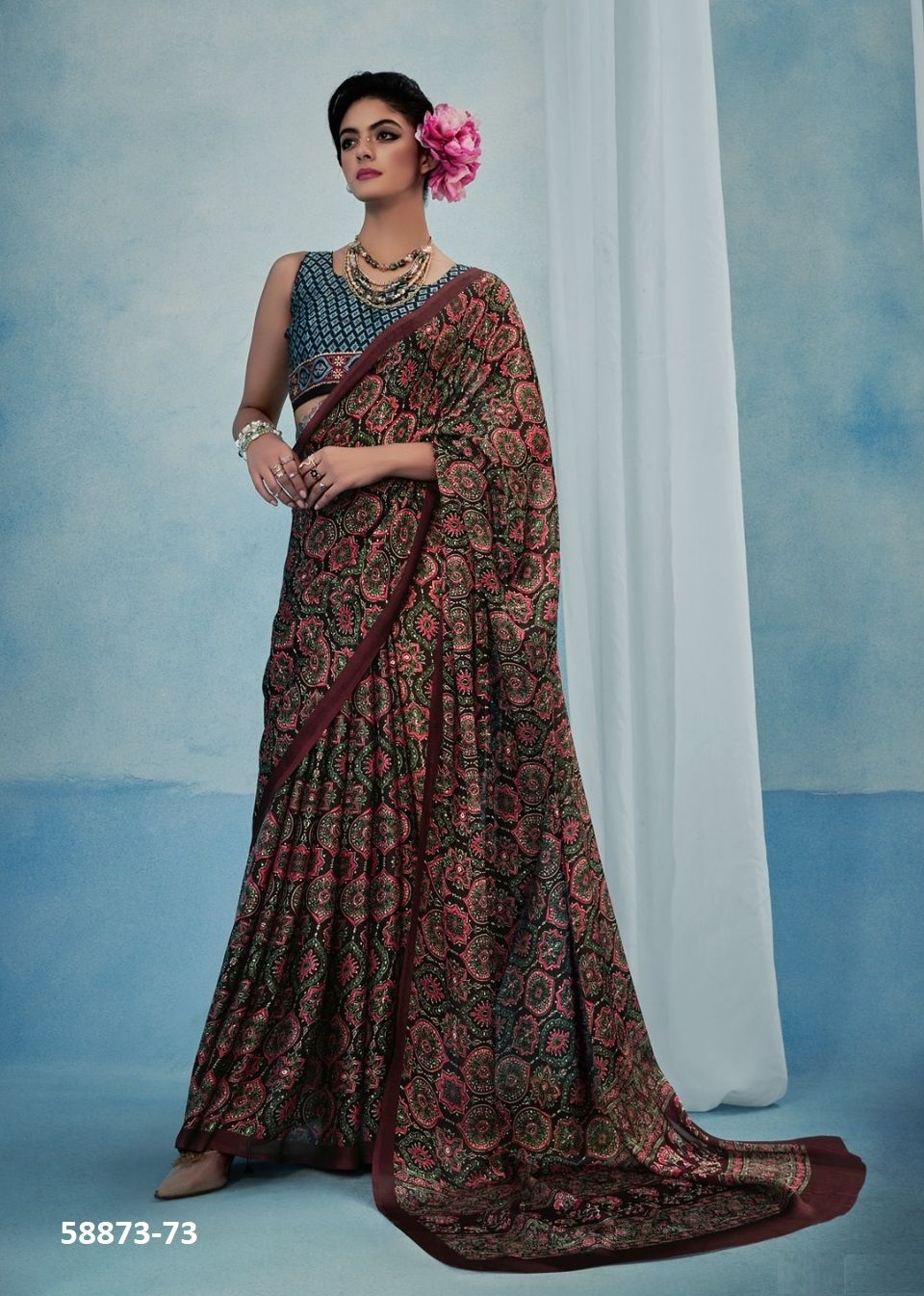 AJRAKH SILK - Catalog # 58873 (Set of 6 Sarees) by Brand RAJTEX FABRICS