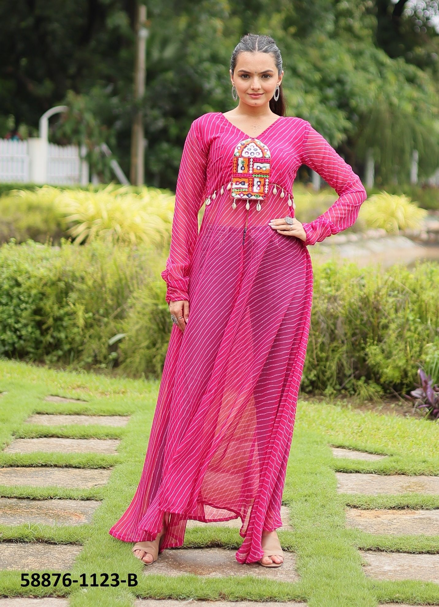 NAVRATRI LEHERIYA PRINT - Catalog # 58876 (Set of 5 Readymade Women's Kurtis / Tops) by Brand DESI MUSE