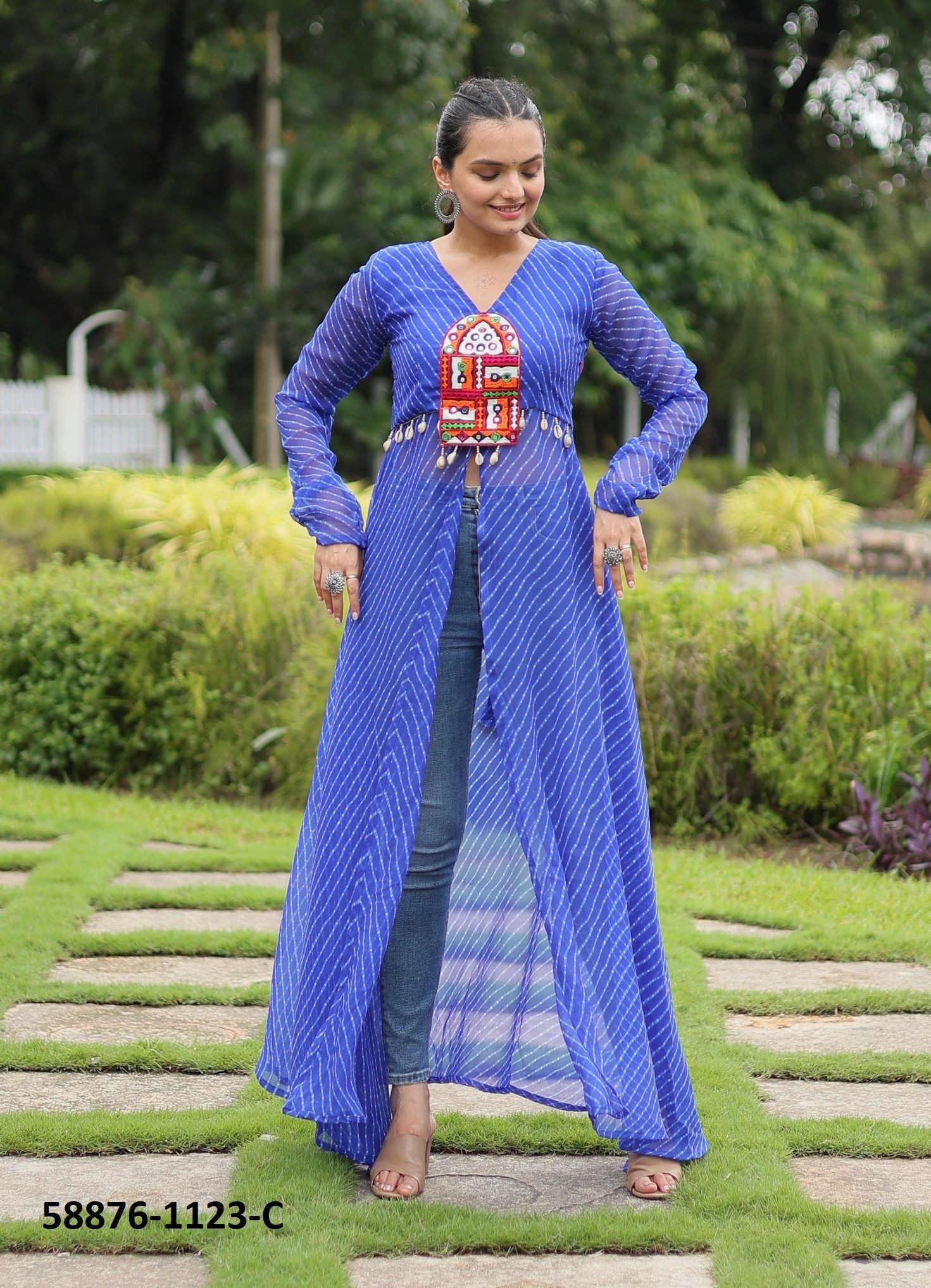 NAVRATRI LEHERIYA PRINT - Catalog # 58876 (Set of 5 Readymade Women's Kurtis / Tops) by Brand DESI MUSE