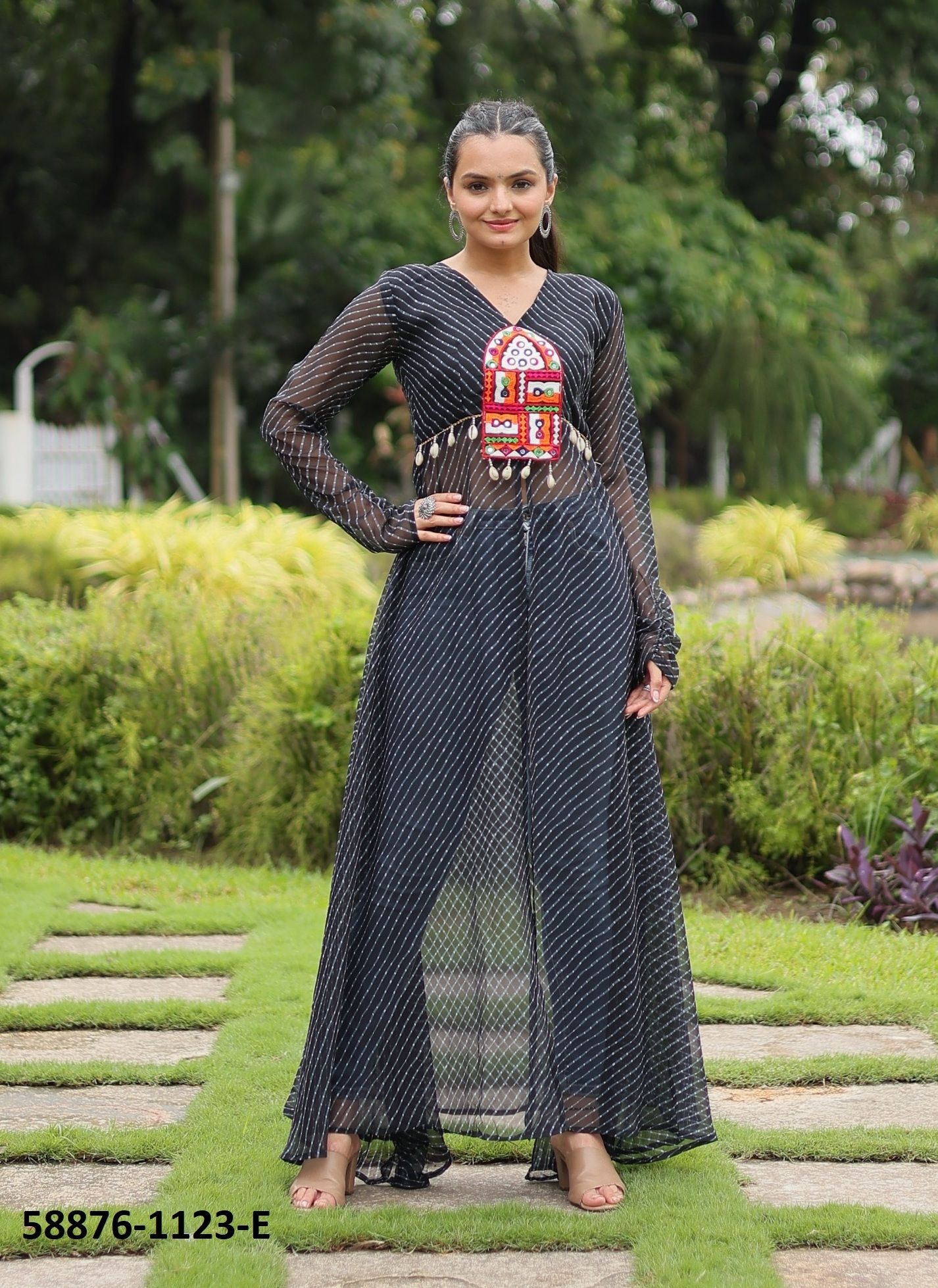 NAVRATRI LEHERIYA PRINT - Catalog # 58876 (Set of 5 Readymade Women's Kurtis / Tops) by Brand DESI MUSE