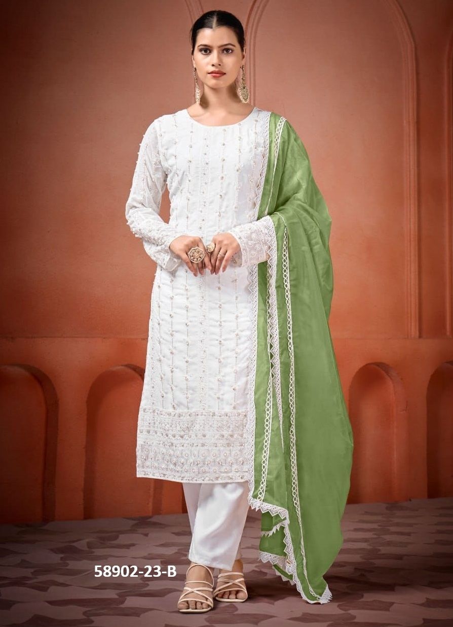WHITE SERIES 23 - Catalog # 58902 (Set of 6 Readymade Salwar Suits) by Brand DESI MUSE