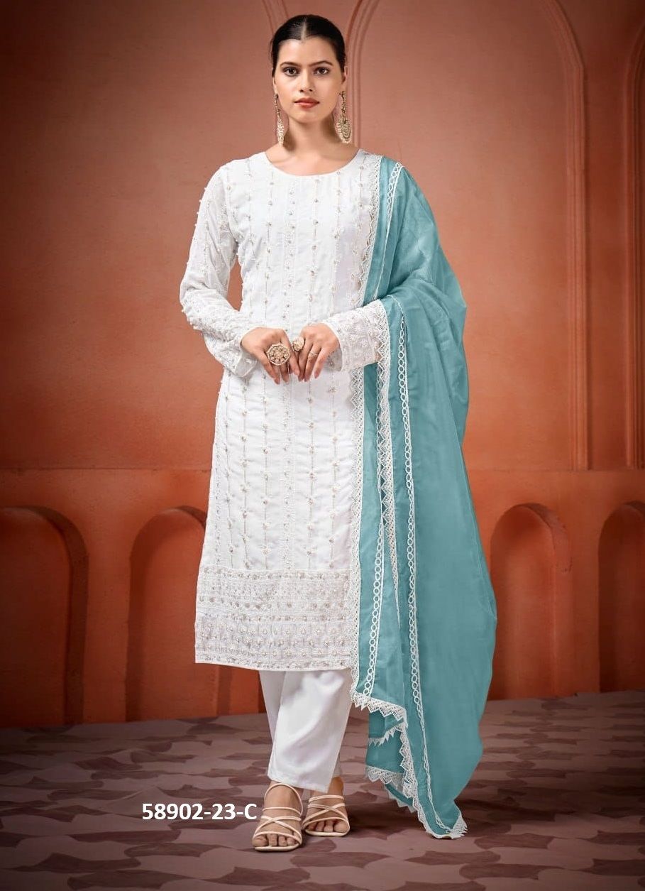 WHITE SERIES 23 - Catalog # 58902 (Set of 6 Readymade Salwar Suits) by Brand DESI MUSE