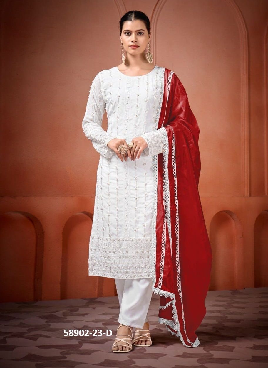 WHITE SERIES 23 - Catalog # 58902 (Set of 6 Readymade Salwar Suits) by Brand DESI MUSE