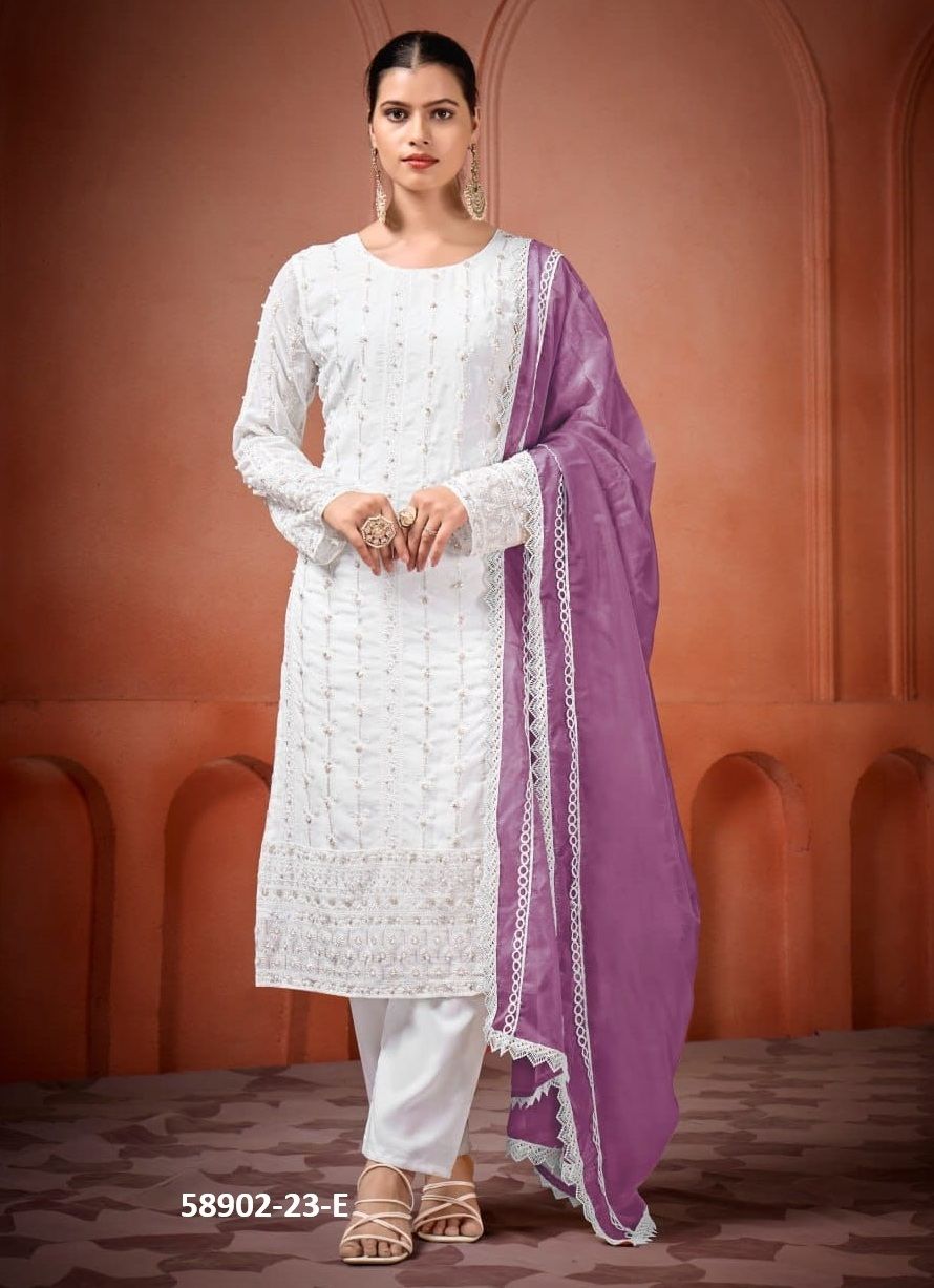 WHITE SERIES 23 - Catalog # 58902 (Set of 6 Readymade Salwar Suits) by Brand DESI MUSE