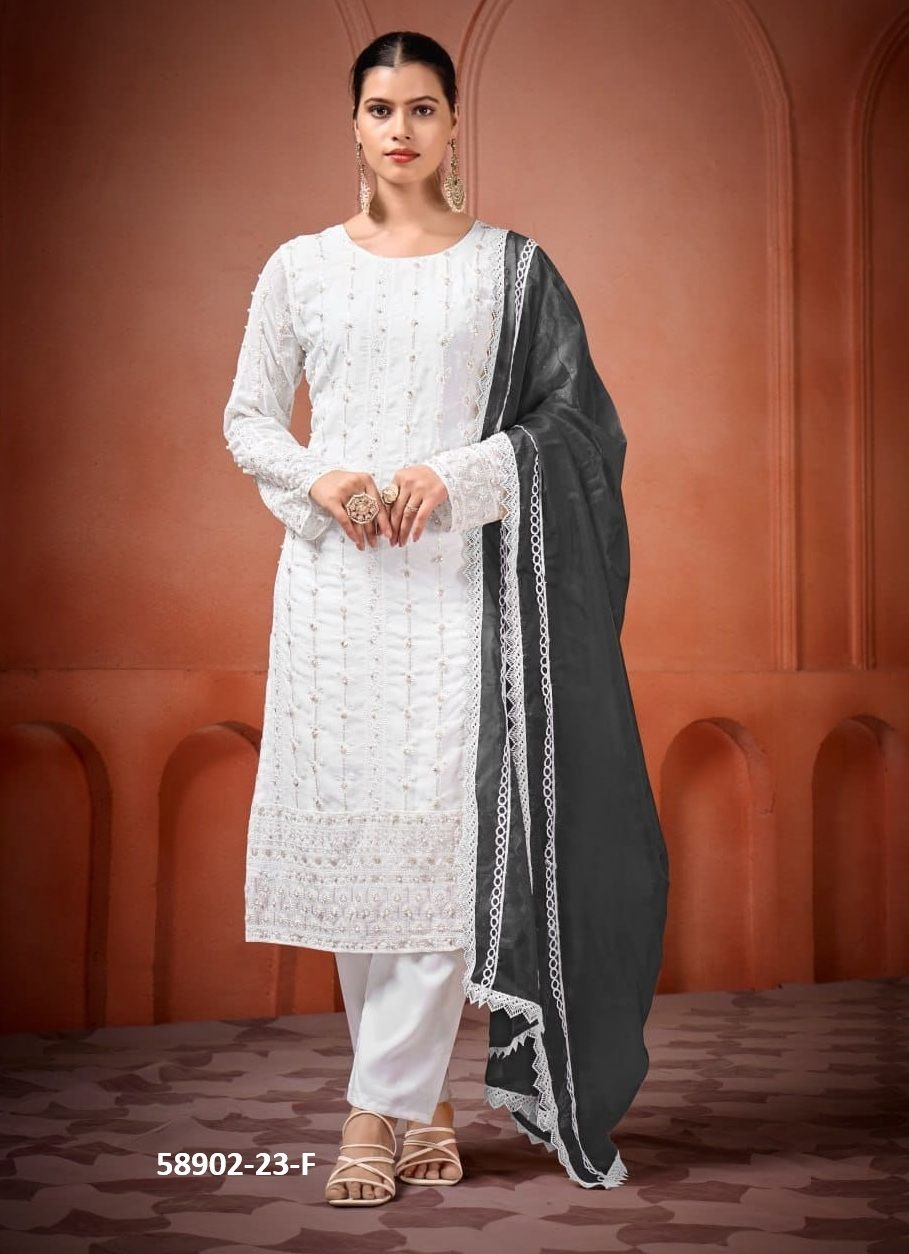 WHITE SERIES 23 - Catalog # 58902 (Set of 6 Readymade Salwar Suits) by Brand DESI MUSE