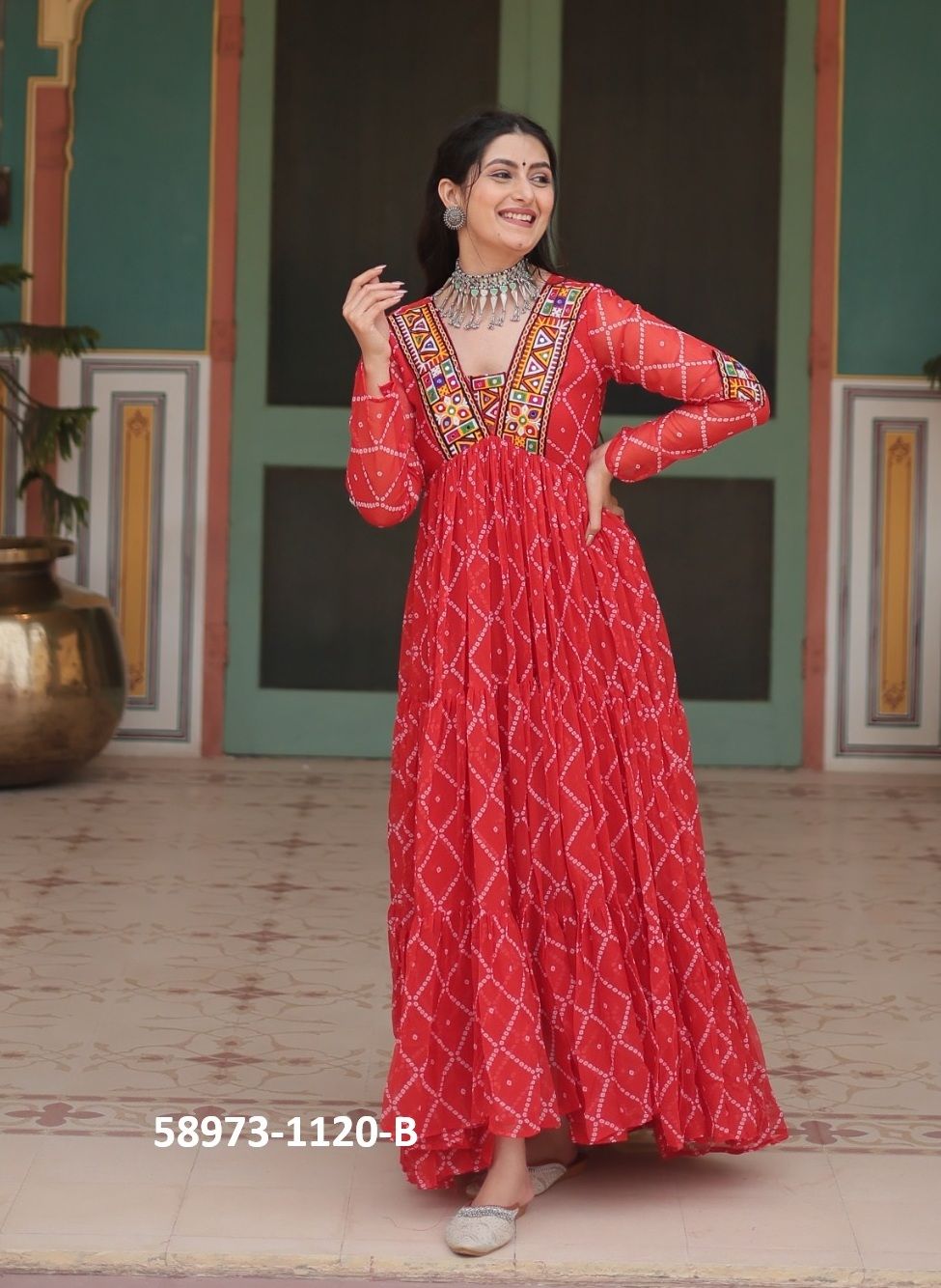 NAVRATRI SPECIAL BANDHANI PRINTS - Catalog # 58973 (Set of 3 Readymade Gowns) by Brand DESI MUSE