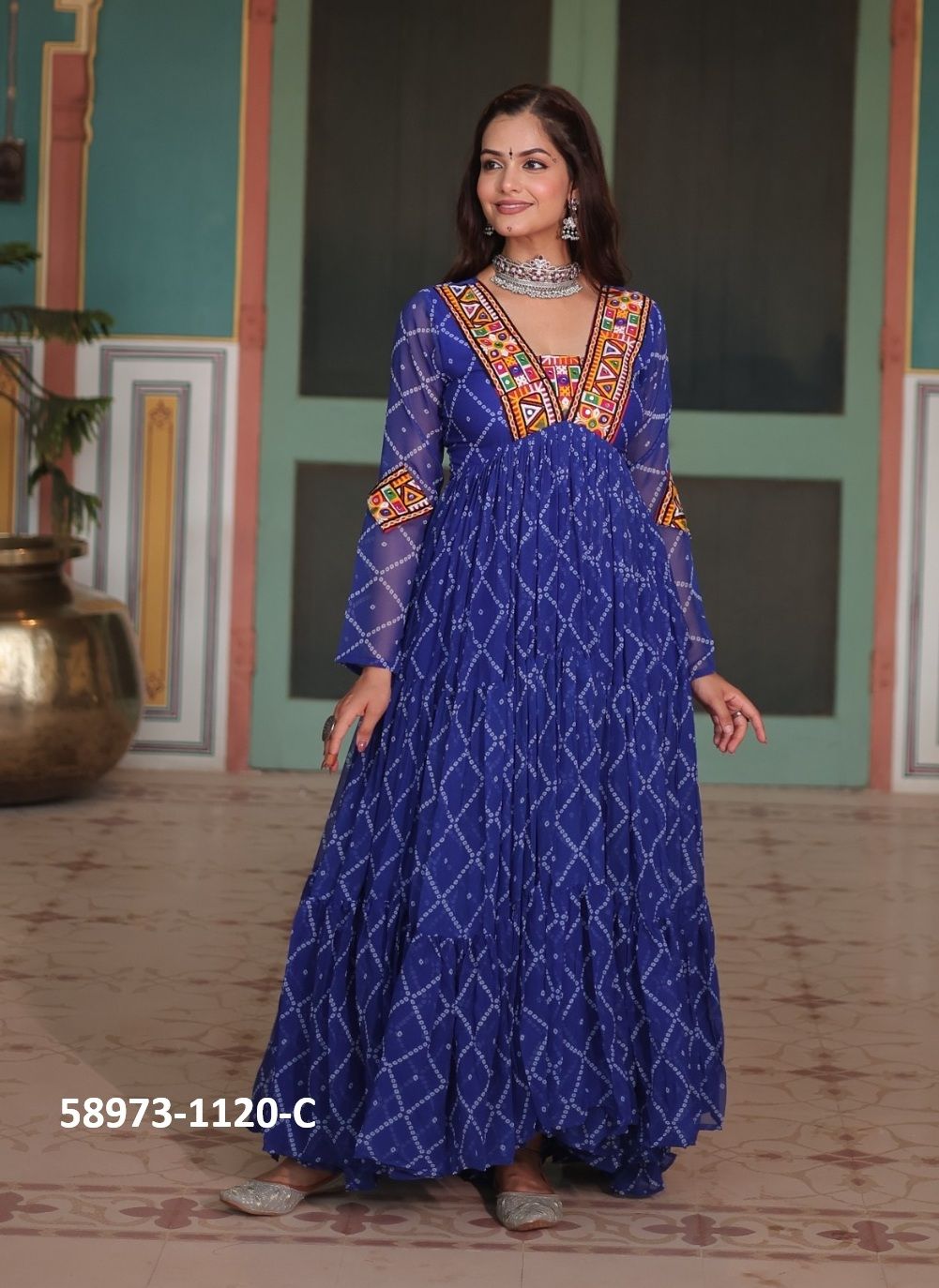 NAVRATRI SPECIAL BANDHANI PRINTS - Catalog # 58973 (Set of 3 Readymade Gowns) by Brand DESI MUSE