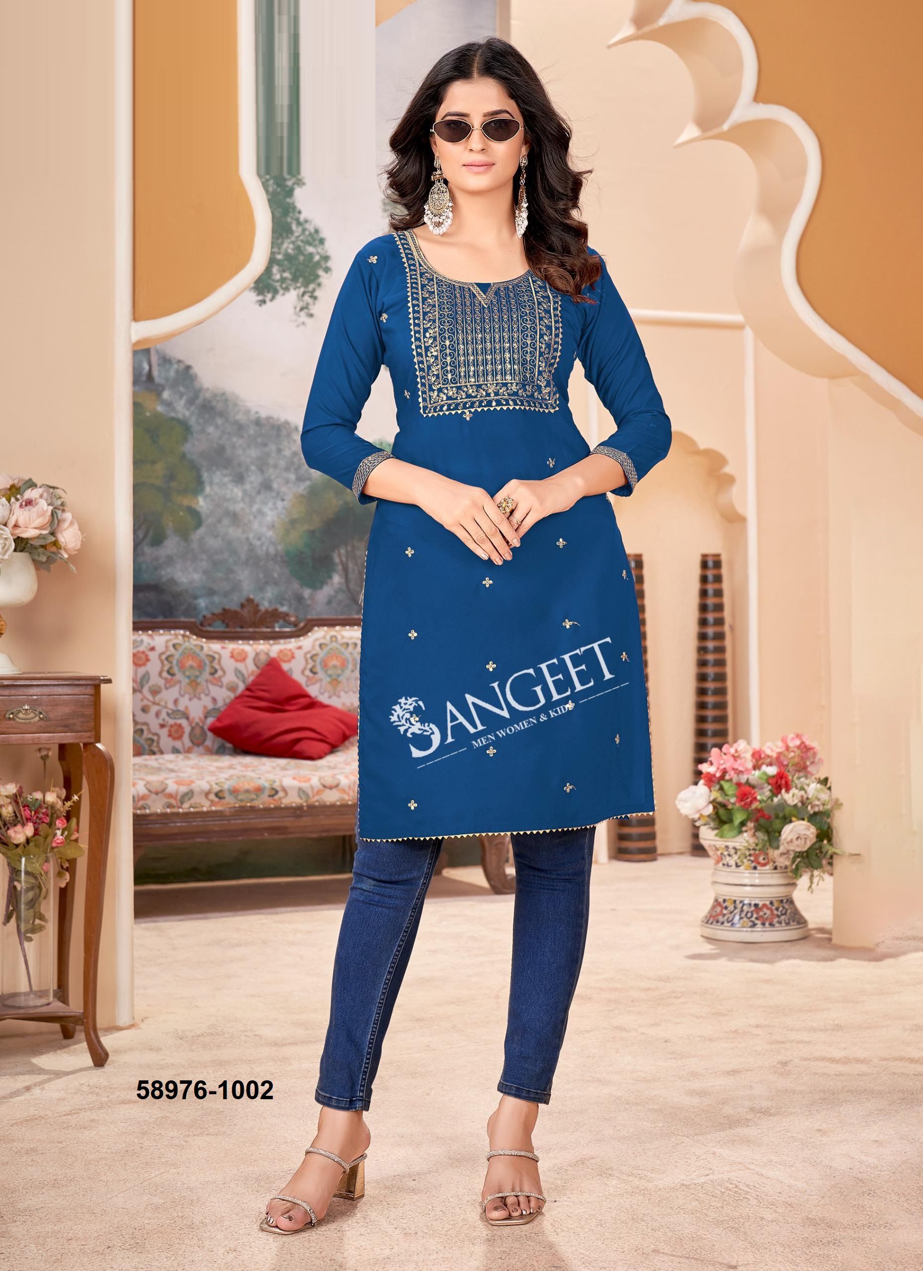 MALLIPOO 1 - Catalog # 58976 (Set of 6 Readymade Women's Kurtis / Tops) by Brand SANGEET