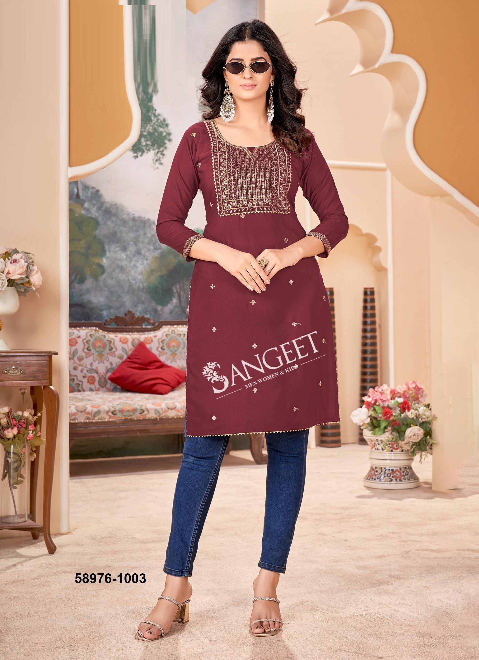 MALLIPOO 1 - Catalog # 58976 (Set of 6 Readymade Women's Kurtis / Tops) by Brand SANGEET