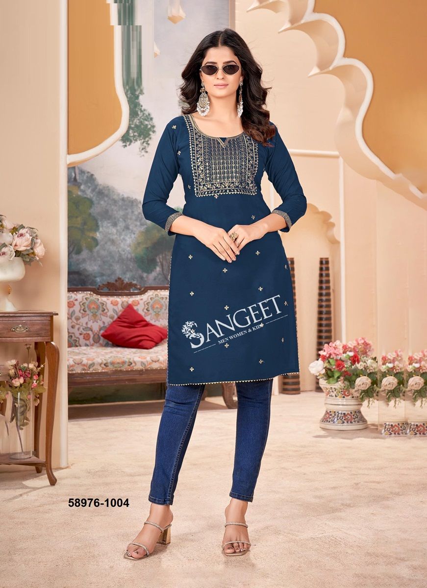 MALLIPOO 1 - Catalog # 58976 (Set of 6 Readymade Women's Kurtis / Tops) by Brand SANGEET