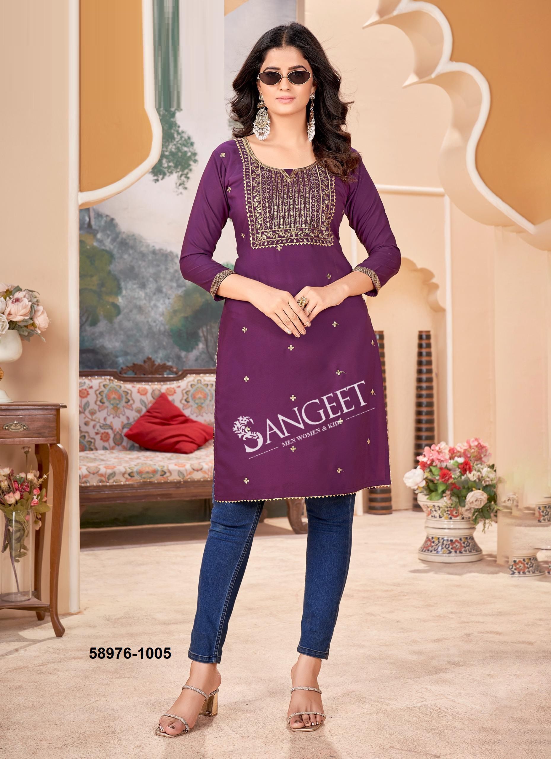 MALLIPOO 1 - Catalog # 58976 (Set of 6 Readymade Women's Kurtis / Tops) by Brand SANGEET