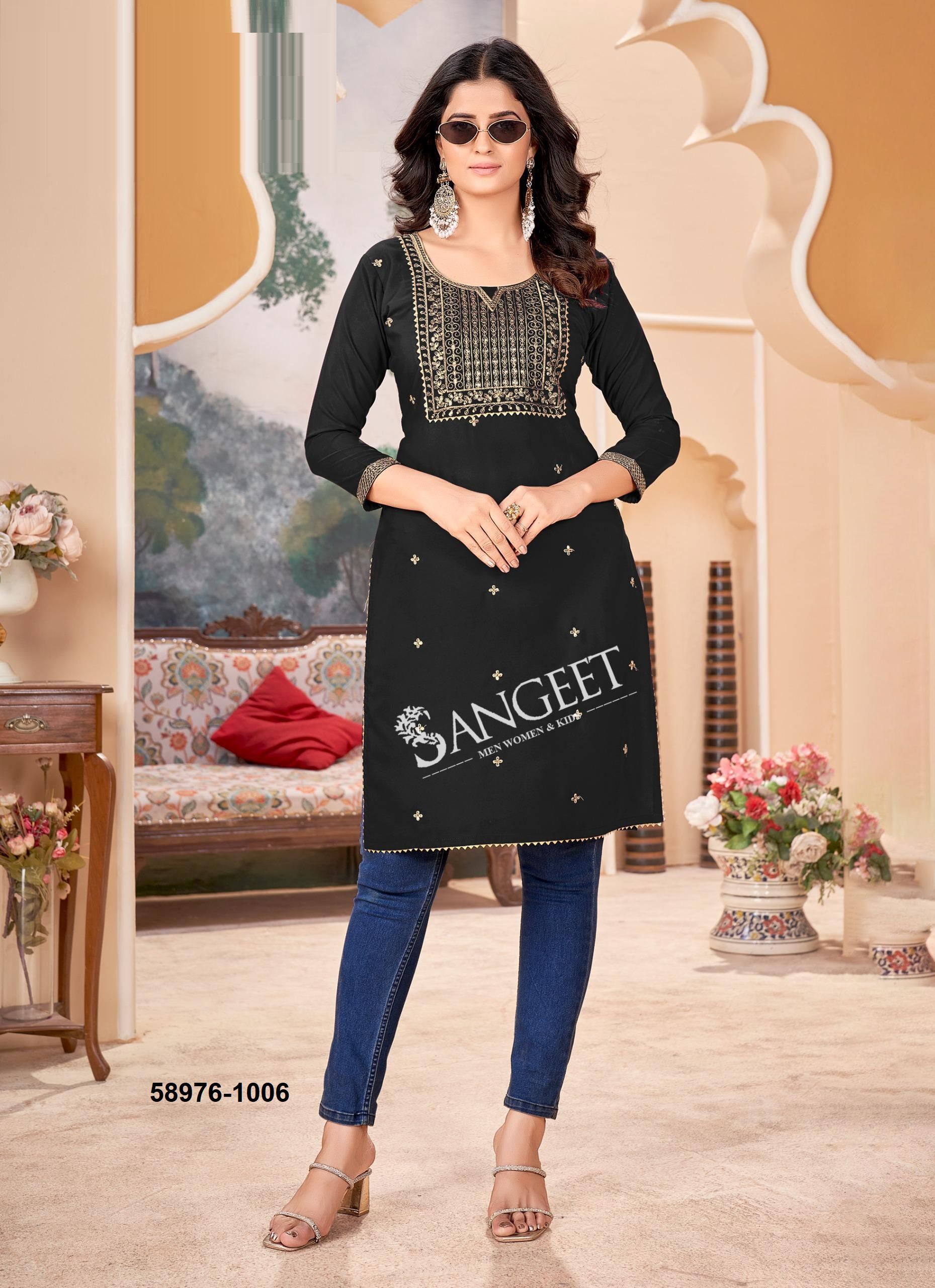 MALLIPOO 1 - Catalog # 58976 (Set of 6 Readymade Women's Kurtis / Tops) by Brand SANGEET