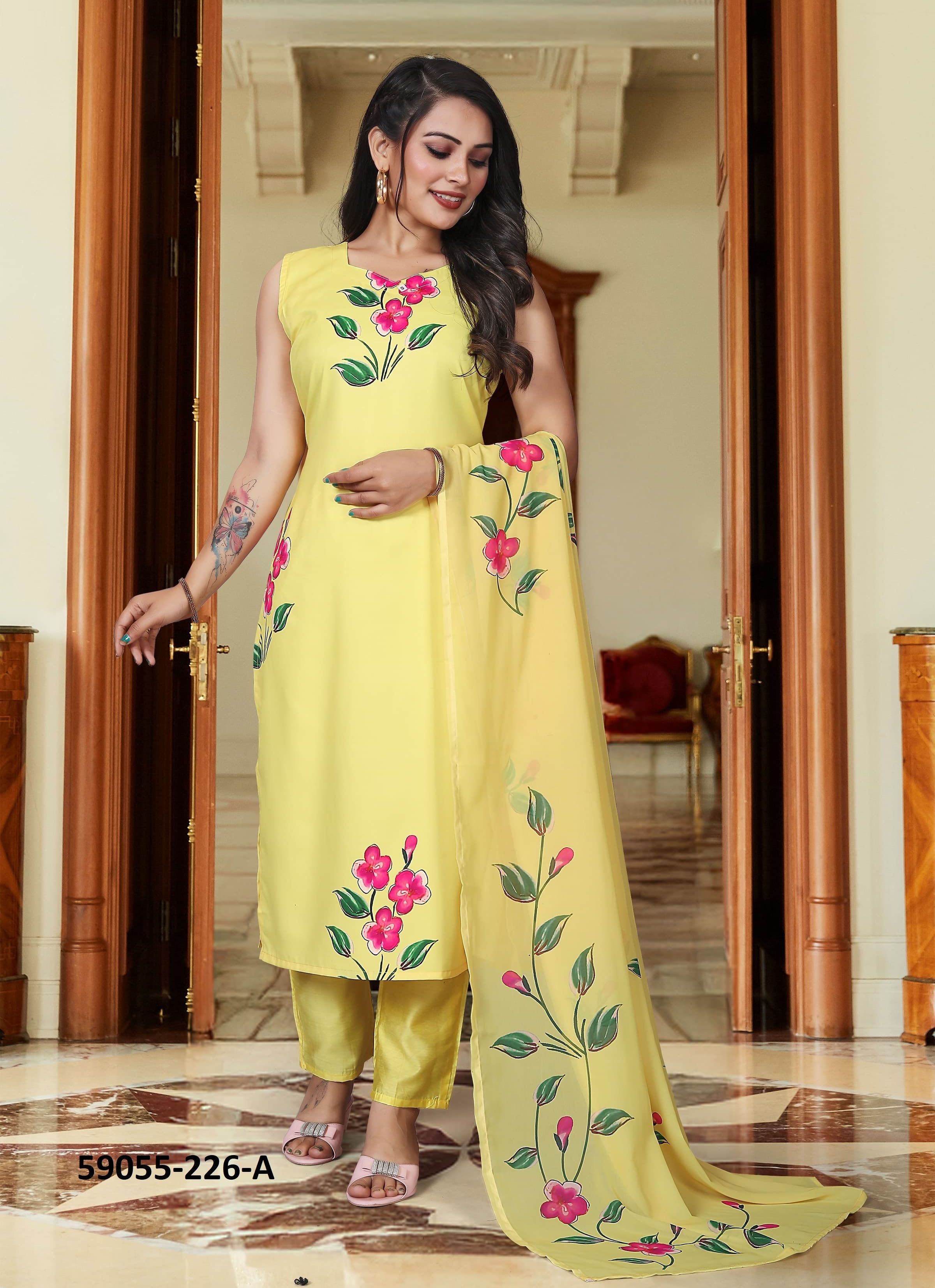 HAND PAINTED FLOWER - Catalog # 59055 (Set of 3 Readymade Salwar Suits) by Brand DESI MUSE HAND PAINTED FLOWER - Catalog # 59055 (Set of 3 Readymade Salwar Suits) by Brand DESI MUSE