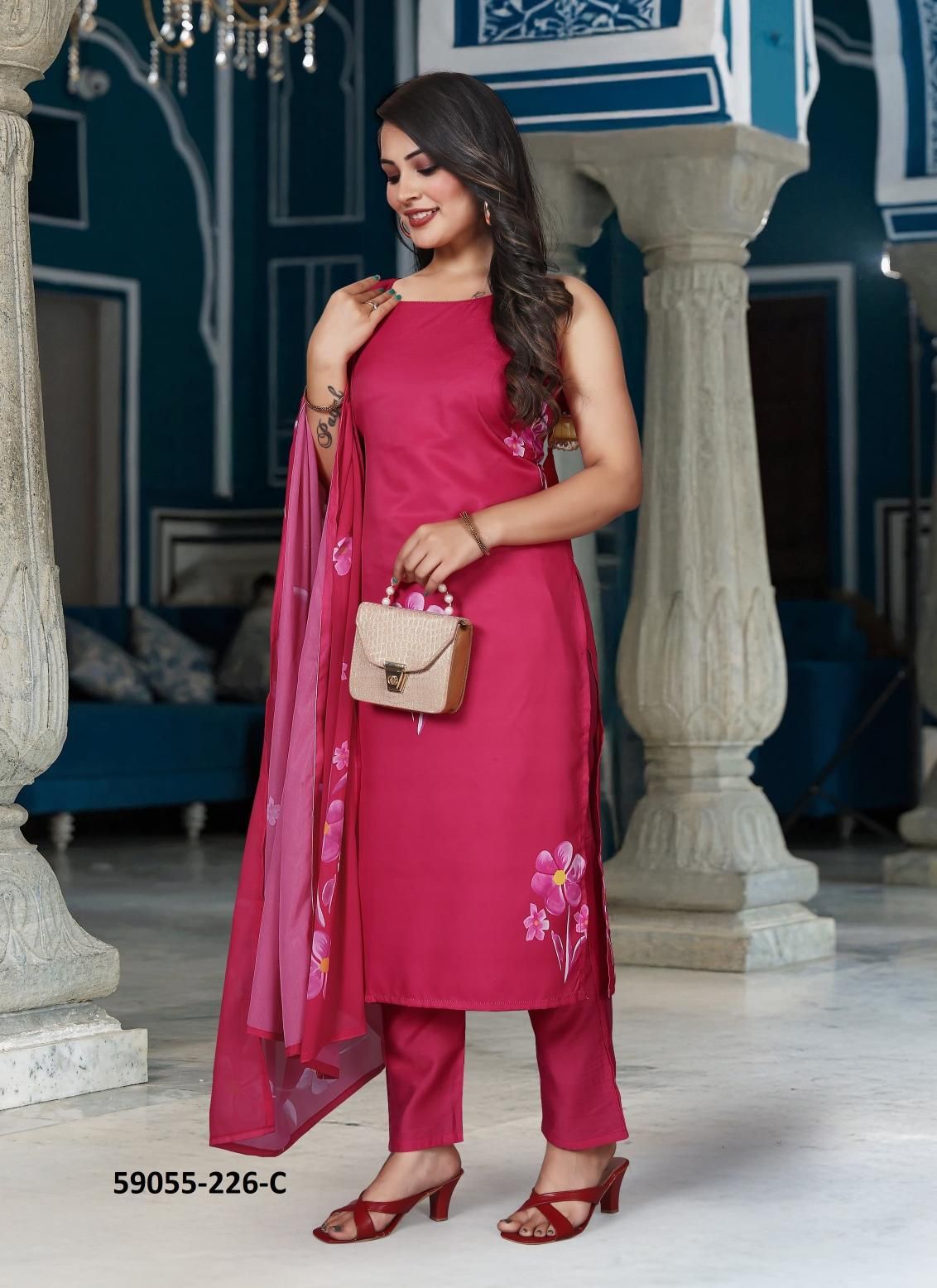 HAND PAINTED FLOWER - Catalog # 59055 (Set of 3 Readymade Salwar Suits) by Brand DESI MUSE HAND PAINTED FLOWER - Catalog # 59055 (Set of 3 Readymade Salwar Suits) by Brand DESI MUSE