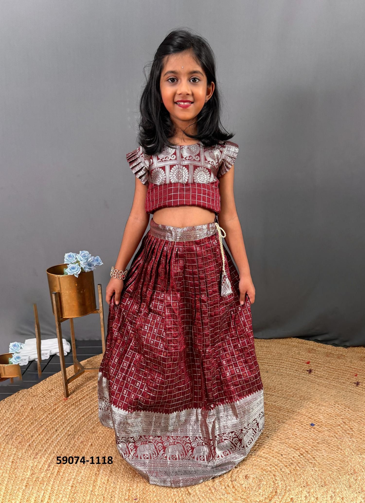 KIDS KANCHIPURAM SILK CHECKS - Catalog # 59074 (Set of 7 Readymade Lehengas) by Brand DESI MUSE