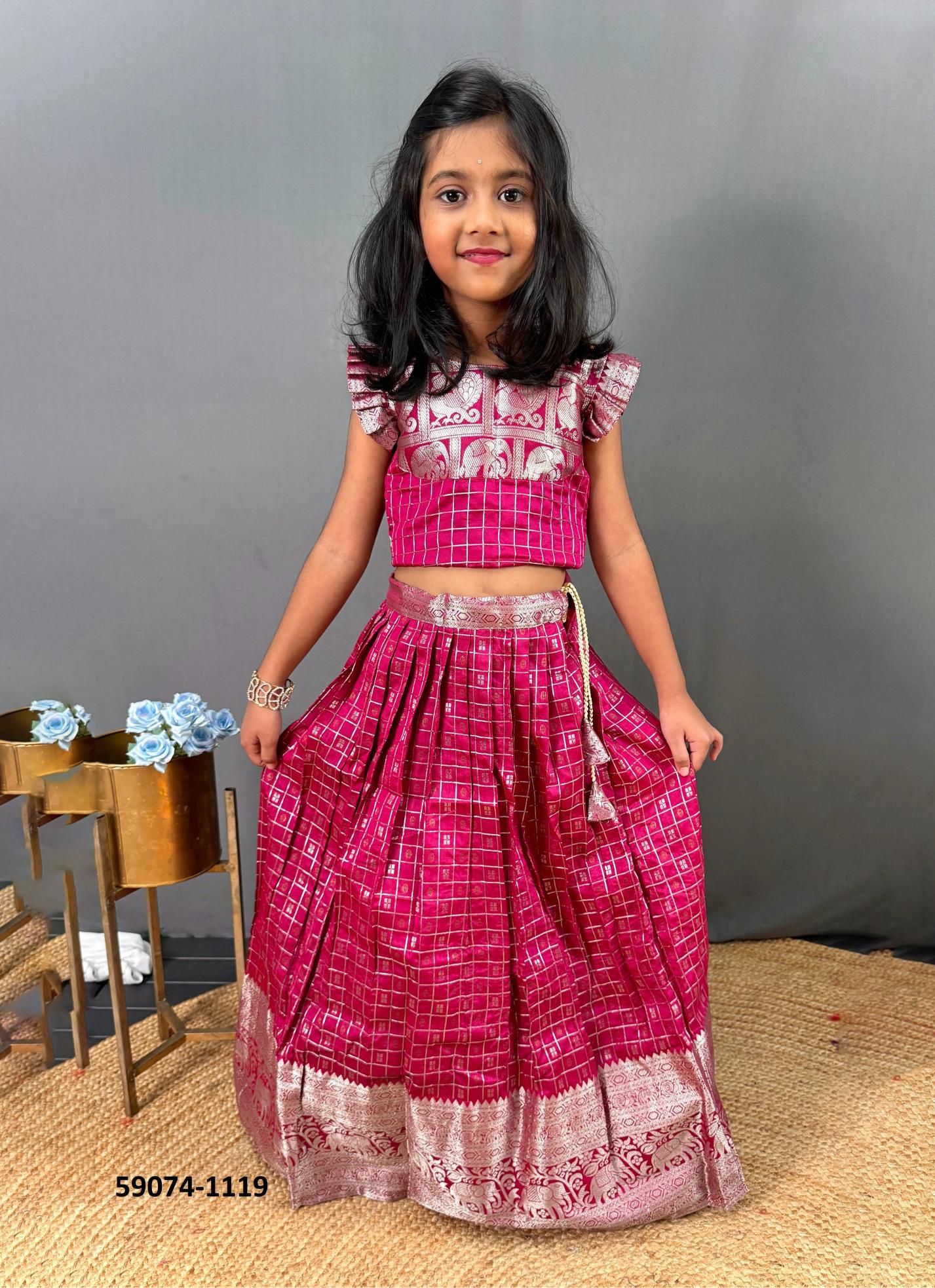 KIDS KANCHIPURAM SILK CHECKS - Catalog # 59074 (Set of 7 Readymade Lehengas) by Brand DESI MUSE