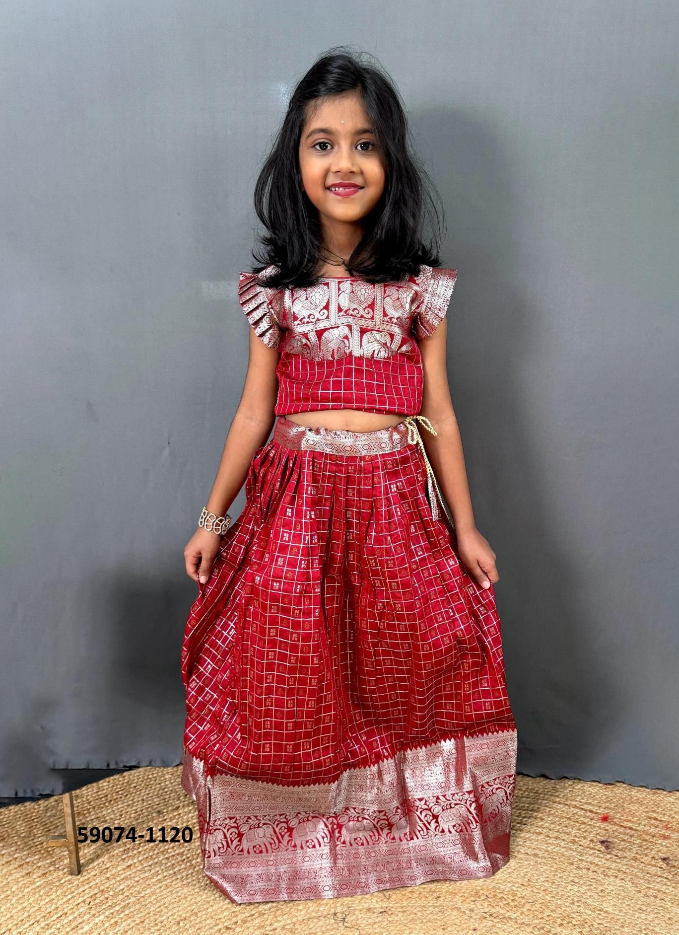 KIDS KANCHIPURAM SILK CHECKS - Catalog # 59074 (Set of 7 Readymade Lehengas) by Brand DESI MUSE