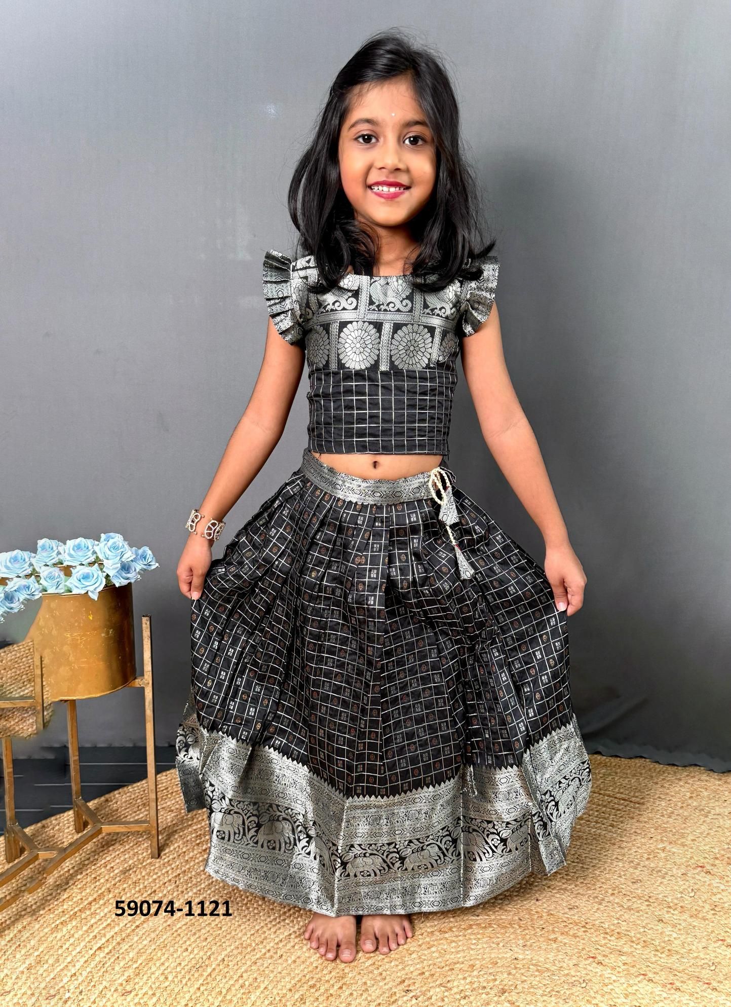 KIDS KANCHIPURAM SILK CHECKS - Catalog # 59074 (Set of 7 Readymade Lehengas) by Brand DESI MUSE