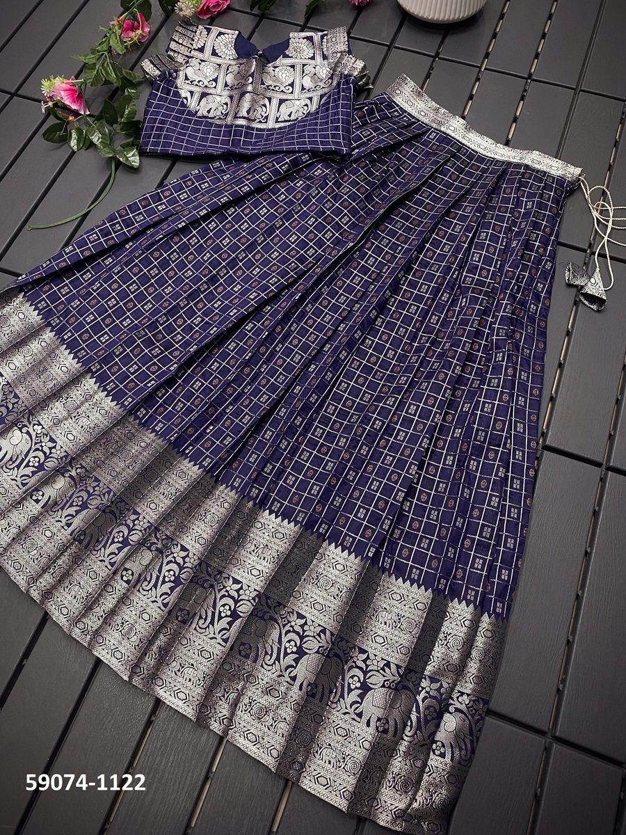 KIDS KANCHIPURAM SILK CHECKS - Catalog # 59074 (Set of 7 Readymade Lehengas) by Brand DESI MUSE