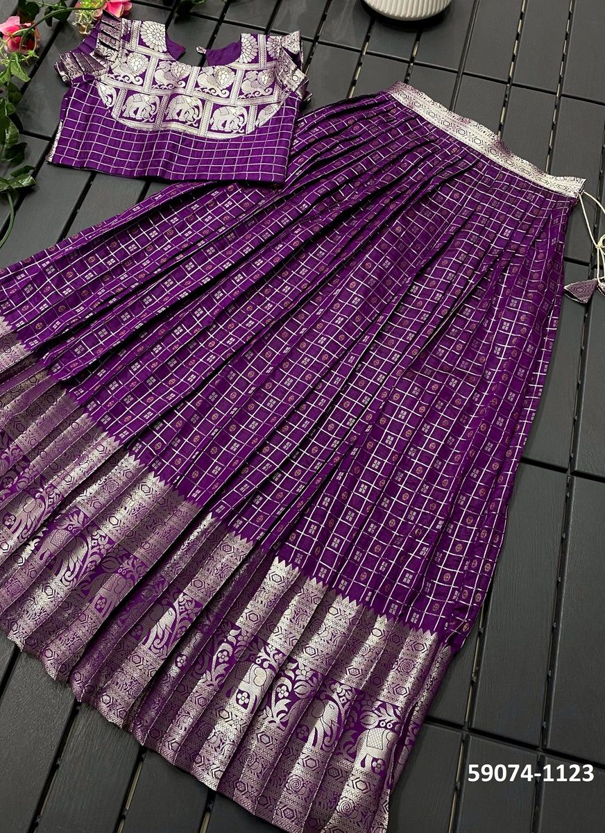 KIDS KANCHIPURAM SILK CHECKS - Catalog # 59074 (Set of 7 Readymade Lehengas) by Brand DESI MUSE