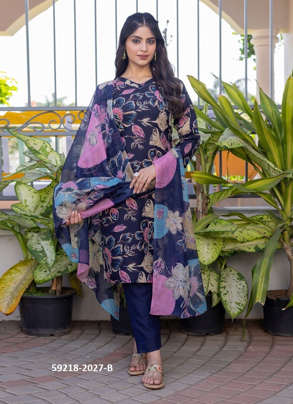 FLORAL PRINT 2027 - Catalog # 59218 (Set of 4 Readymade Salwar Suits) by Brand DESI MUSE