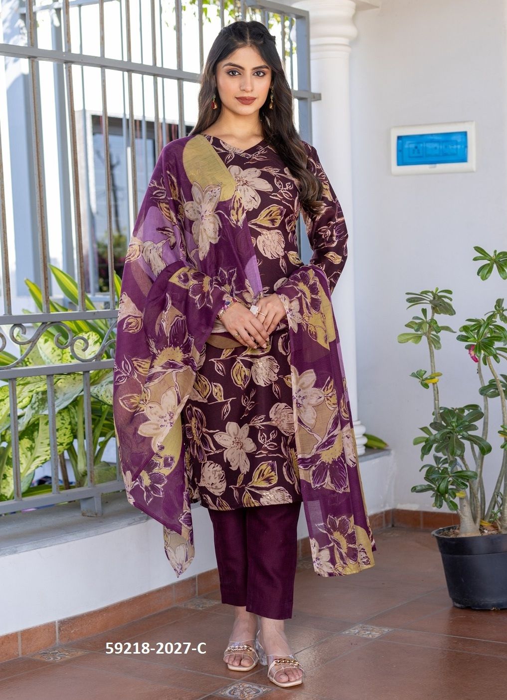 FLORAL PRINT 2027 - Catalog # 59218 (Set of 4 Readymade Salwar Suits) by Brand DESI MUSE