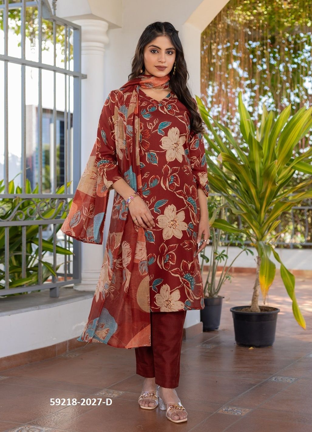 FLORAL PRINT 2027 - Catalog # 59218 (Set of 4 Readymade Salwar Suits) by Brand DESI MUSE
