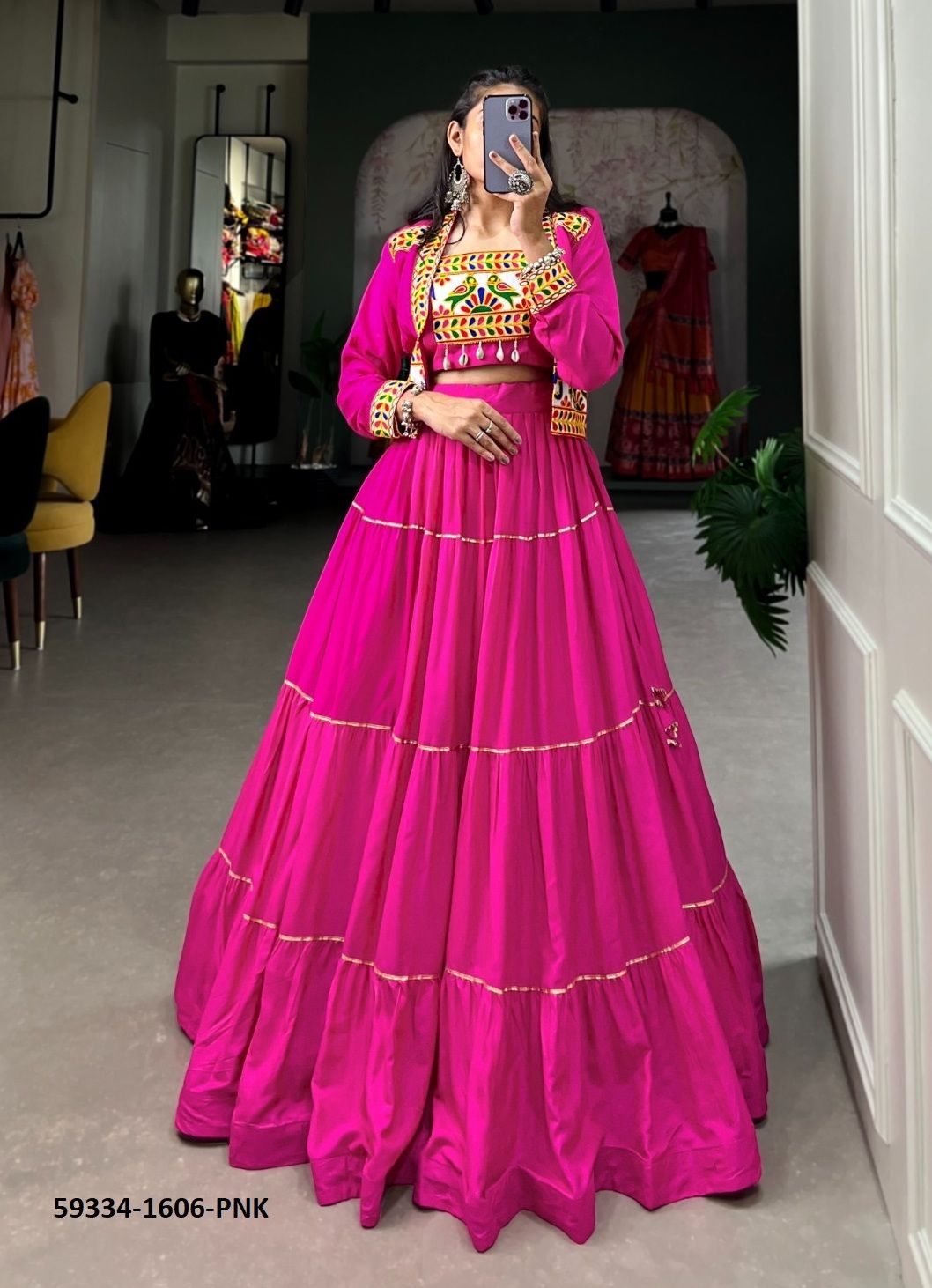 JHAMKUDI NAVRATRI LEHENGA WITH KOTI & CHOLI - Catalog # 59334 (Set of 6 Readymade Lehengas) by Brand DESI MUSE JHAMKUDI NAVRATRI LEHENGA WITH KOTI & CHOLI - Catalog # 59334 (Set of 6 Readymade Lehengas) by Brand DESI MUSE