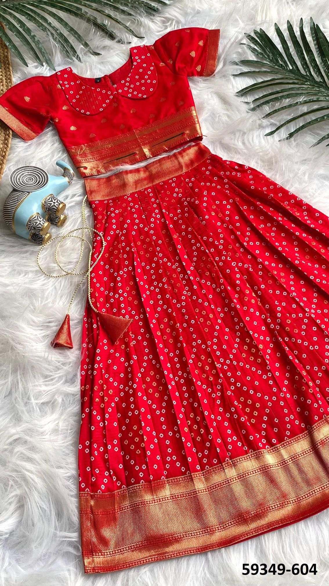 KIDS SERIES BANDHANI PRINT 601 - Catalog # 59349 (Set of 8 Readymade Lehengas) by Brand MEHERIYA