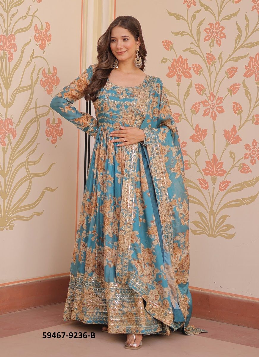 DIGITAL PRINTS WITH SEQUINS WORK - Catalog # 59467 (Set of 2 Readymade Gowns) by Brand AABHARAN DIGITAL PRINTS WITH SEQUINS WORK - Catalog # 59467 (Set of 2 Readymade Gowns) by Brand AABHARAN