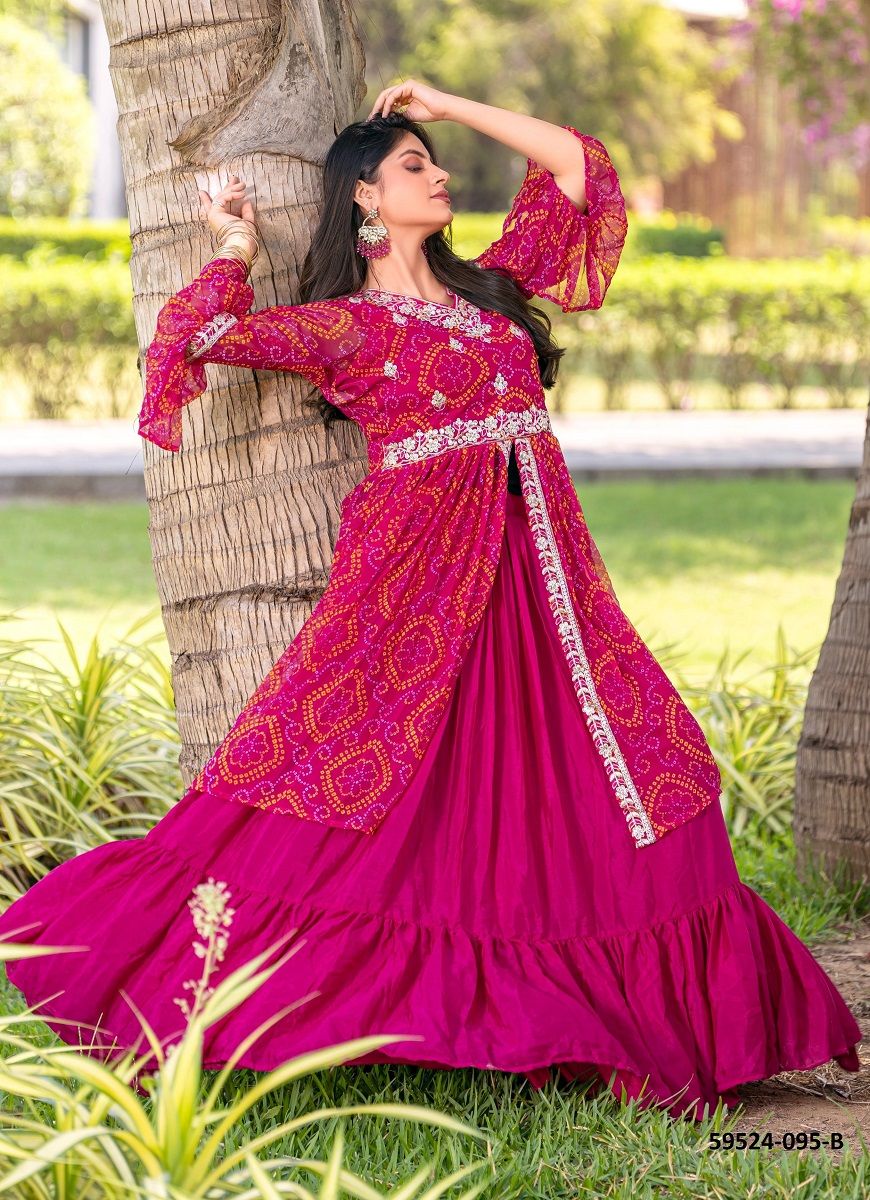 NAVRATRI BANDHEJ SHRUG - Catalog # 59524 (Set of 2 Readymade Lehengas) by Brand MEHERIYA