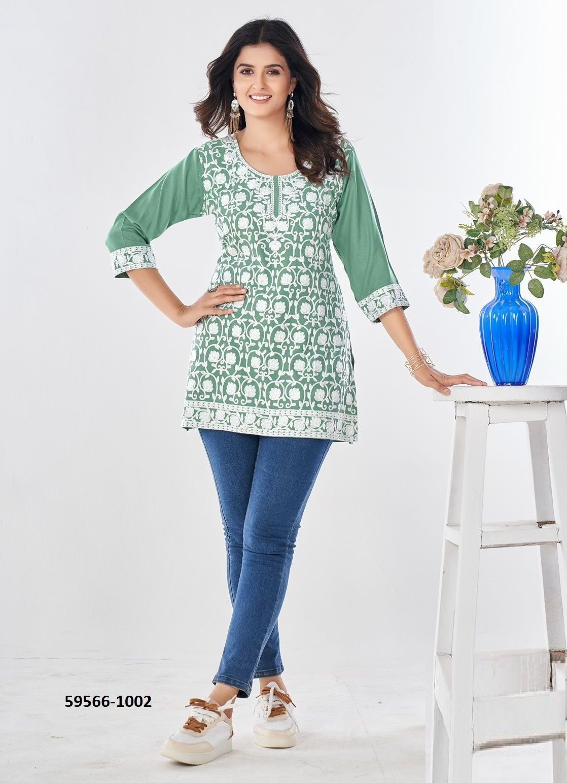 CHIKANKARI TOPS - Catalog # 59566 (Set of 7 Readymade Women's Kurtis / Tops) by Brand BLUE HILLS