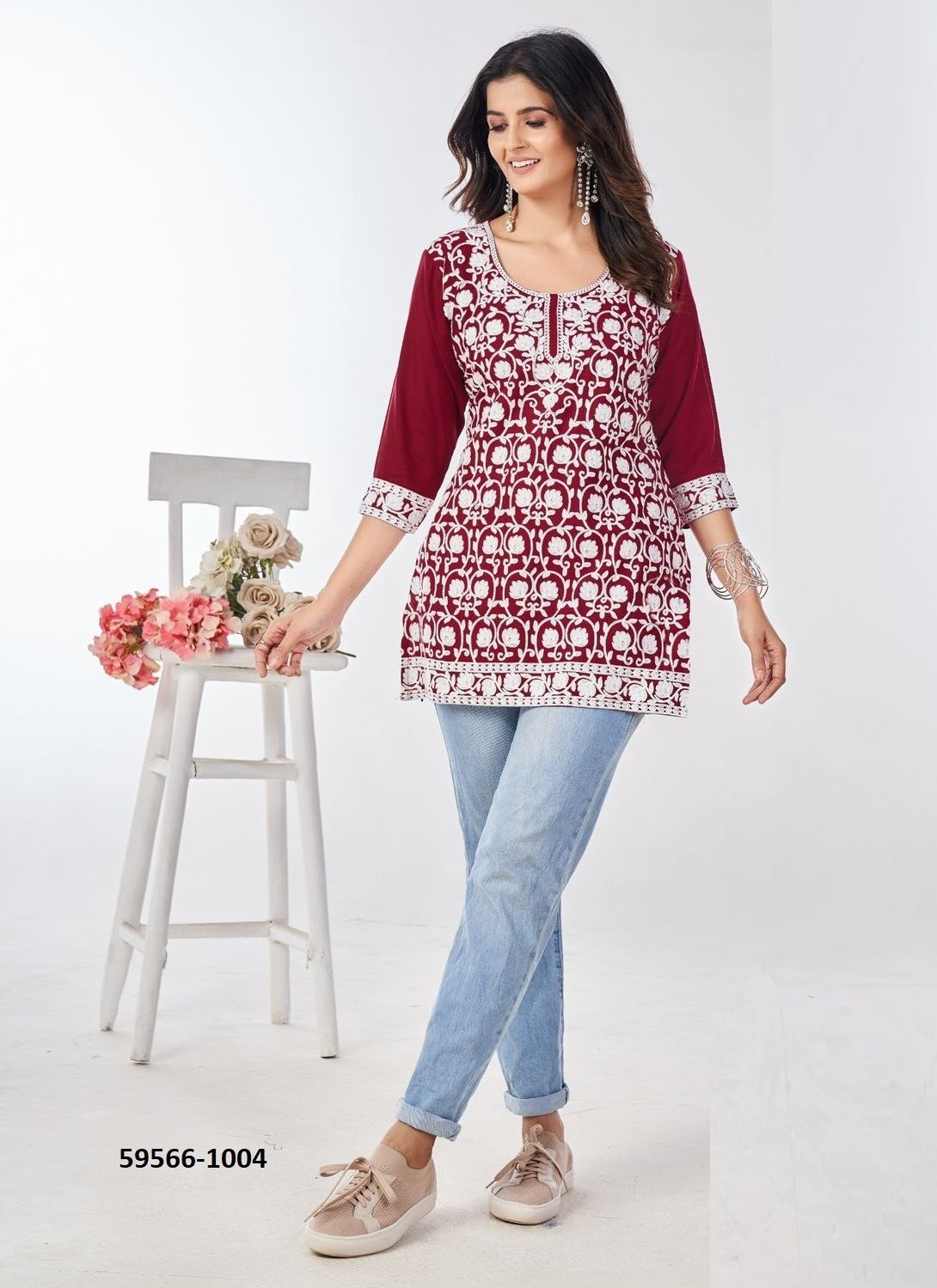 CHIKANKARI TOPS - Catalog # 59566 (Set of 7 Readymade Women's Kurtis / Tops) by Brand BLUE HILLS